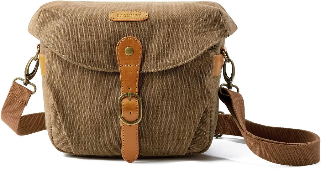 Canvas Crossbody Camera Bag with Rain Cover for Women Men, Khaki | SLR DSLR Camera Case, Compact Camera Shoulder Bag