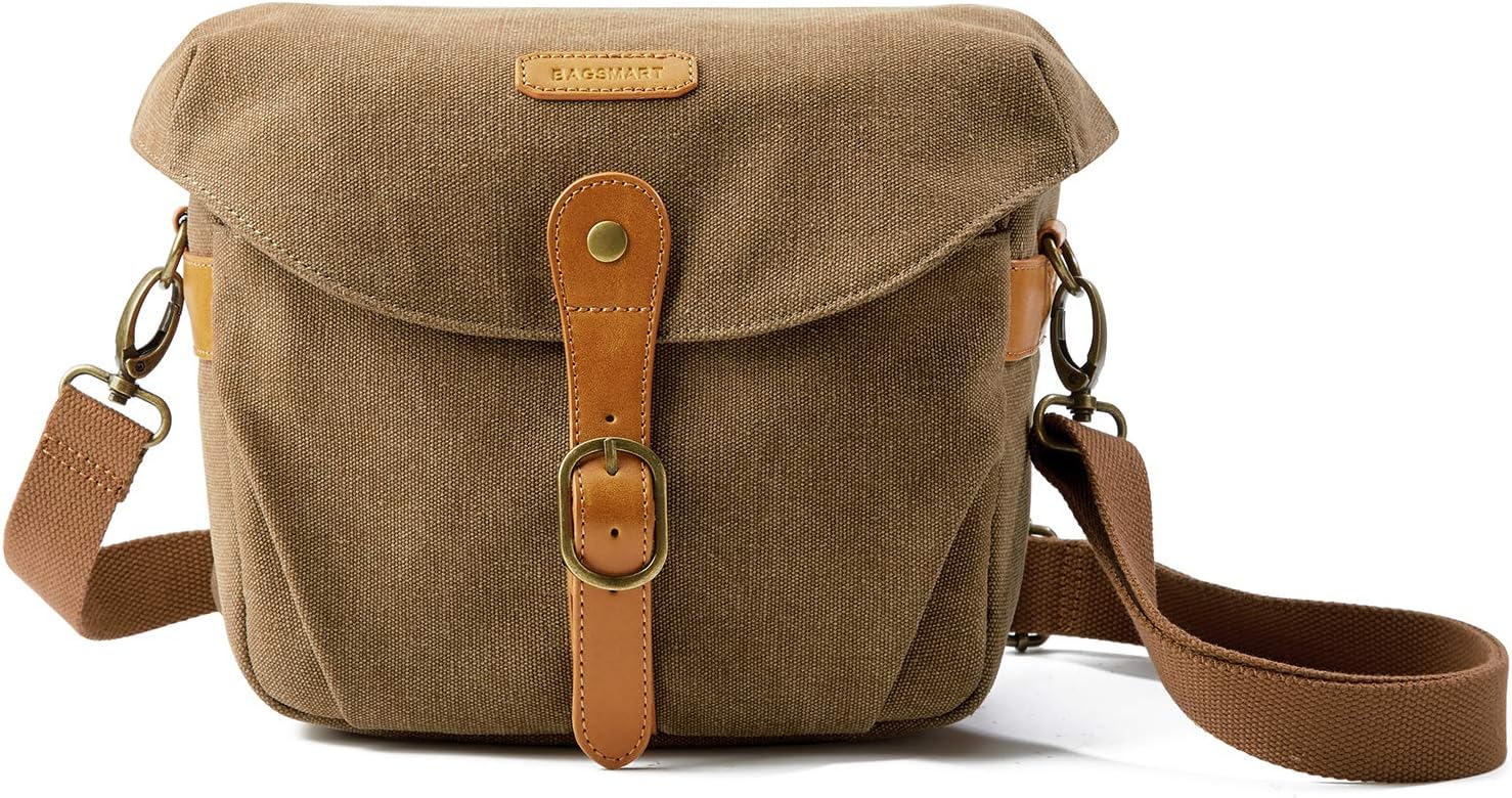 Canvas Crossbody Camera Bag with Rain Cover for Women Men, Khaki | SLR DSLR Camera Case, Compact Camera Shoulder Bag