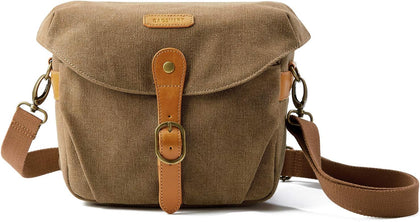 Canvas Crossbody Camera Bag with Rain Cover for Women Men, Khaki | SLR DSLR Camera Case, Compact Camera Shoulder Bag