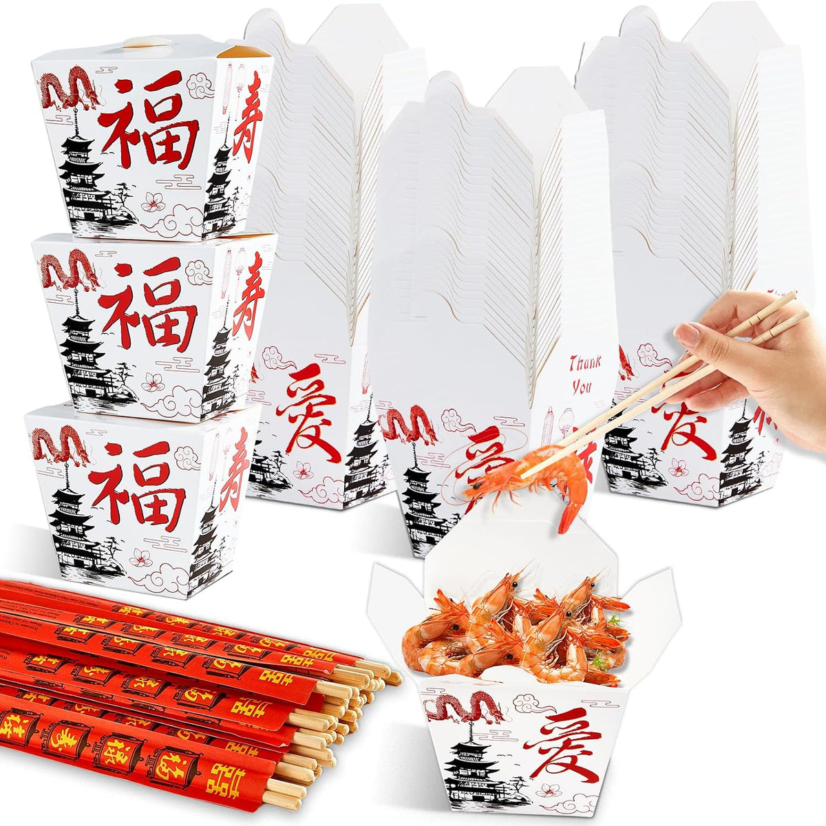 25 Sets White Chinese Take Out Food Boxes with Chopsticks