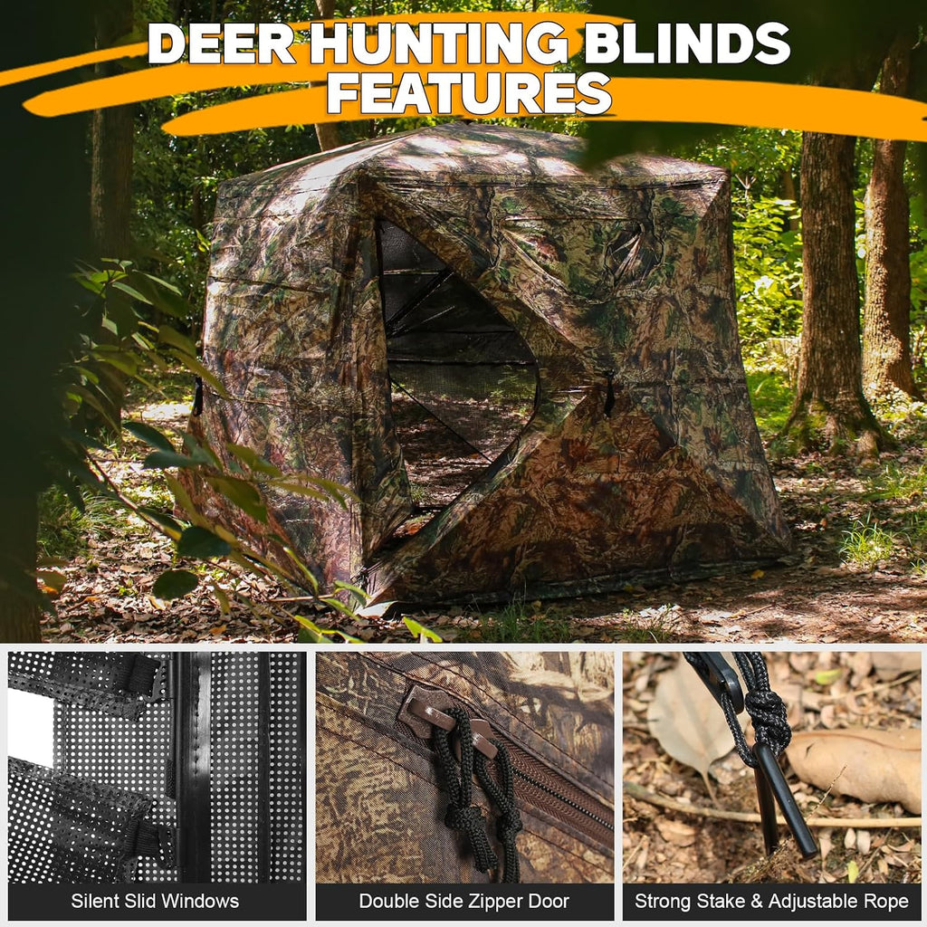 Wide Bottom Hunting Blind 1-3 Person with Portable Chair, 270 Degree See Through Pop up Ground Blinds for Deer Turkey