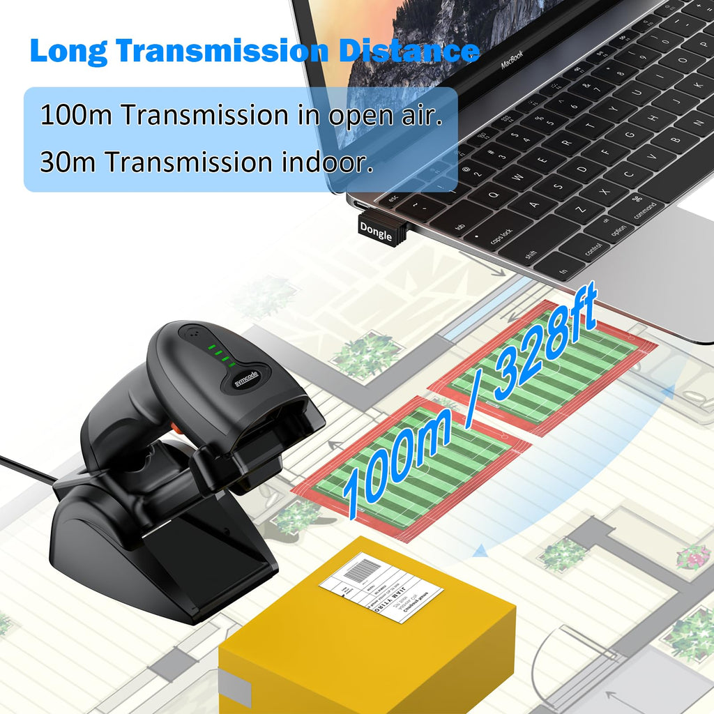 QR Industrial Bluetooth Barcode Scanner with Wireless Charging Stand, Wireless 2D 1D Bar Code Scanner Drop Protection
