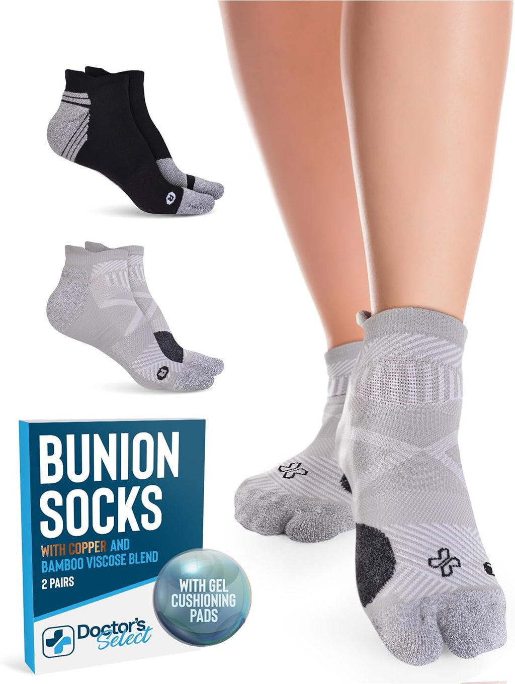 2 Pairs Bunion Socks for Women and Men - Copper & Bamboo Viscose infused Bunion Relief Socks | Toe Separator