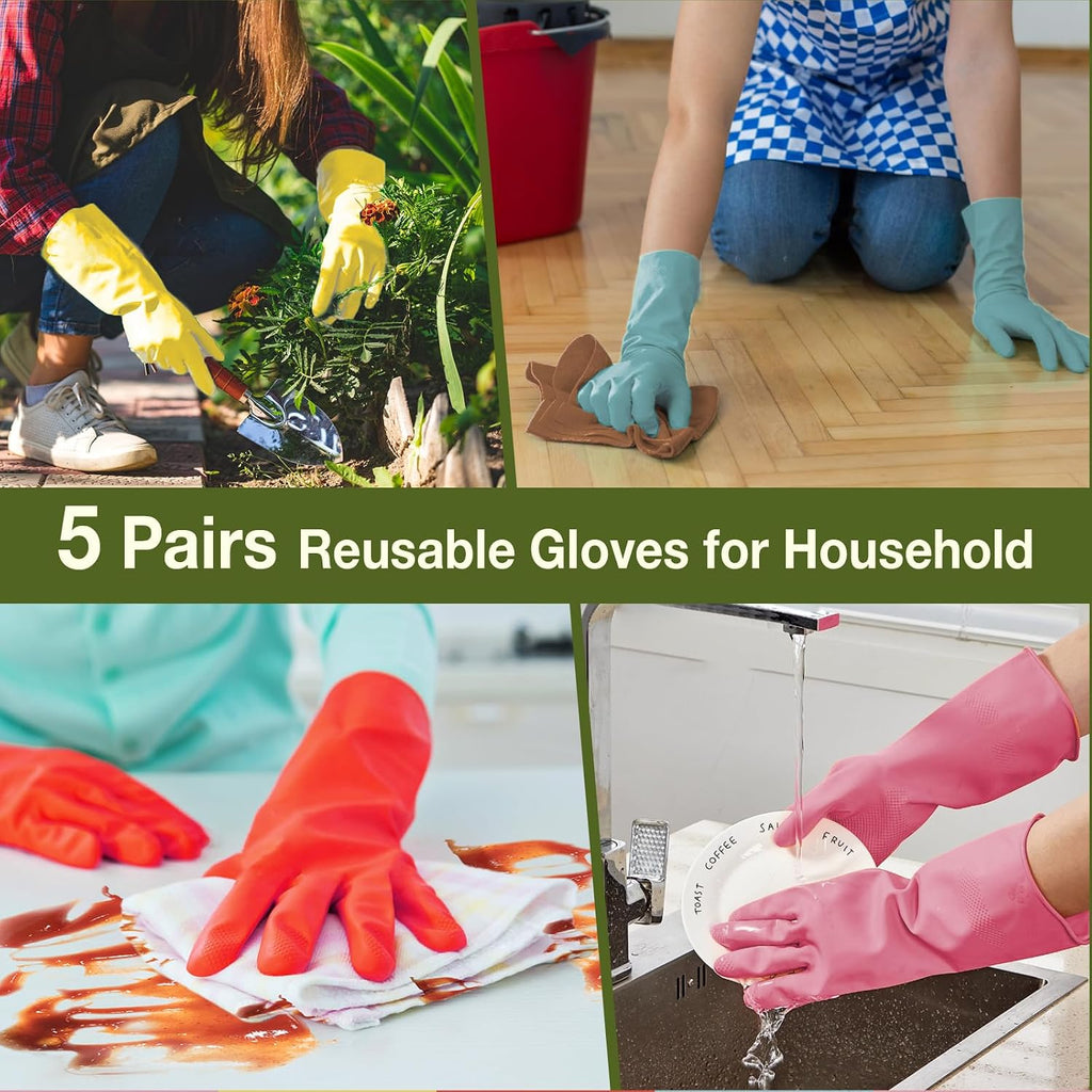 Rubber Cleaning Gloves 5 Pairs Kitchen Dishwashing Gloves Reusable for Household Washing Dishes Cleaning Gardening
