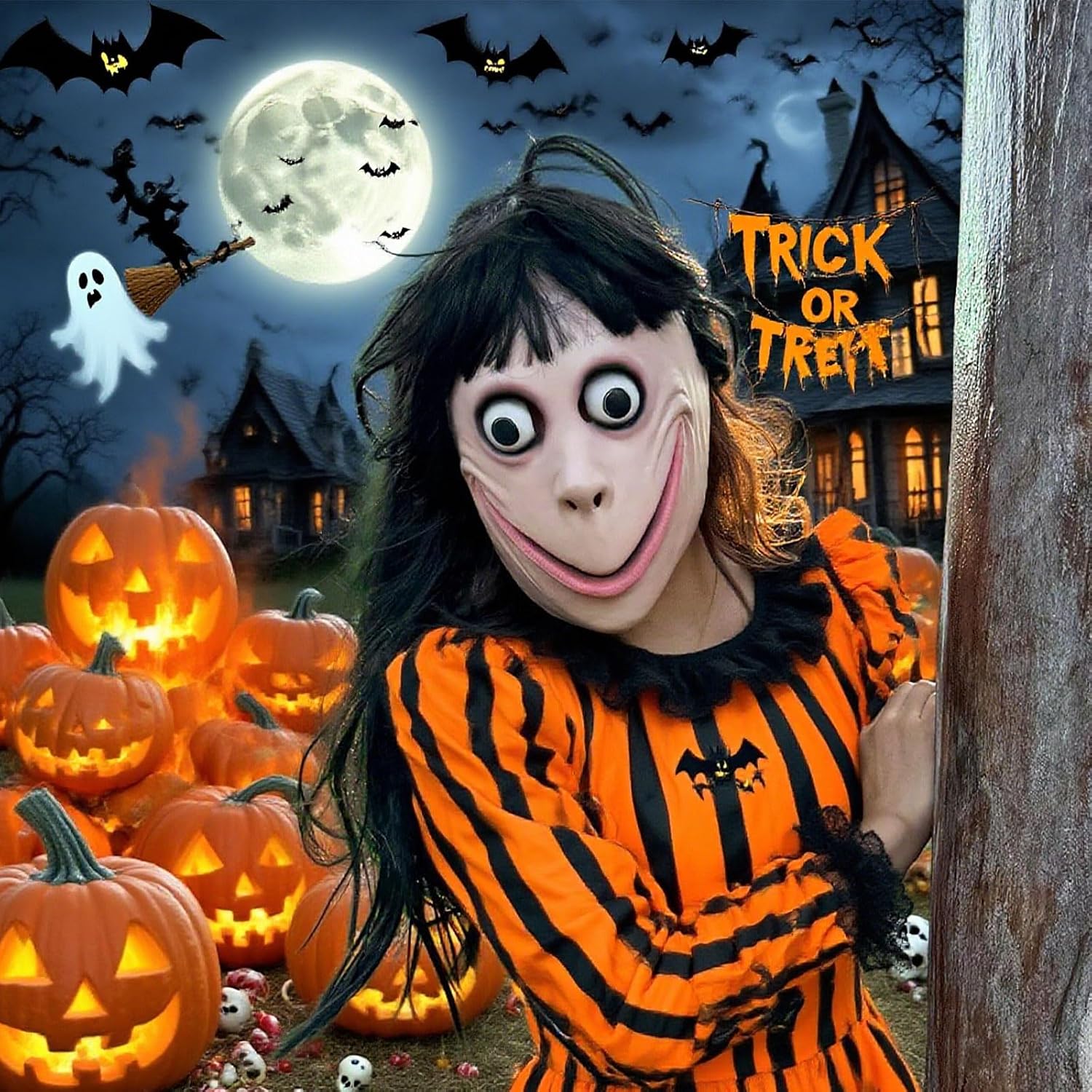 Long Wig Demon Horror Scream MOMO Head Mask, Adult Scary Halloween Cosplay Mask for Themed Party Props