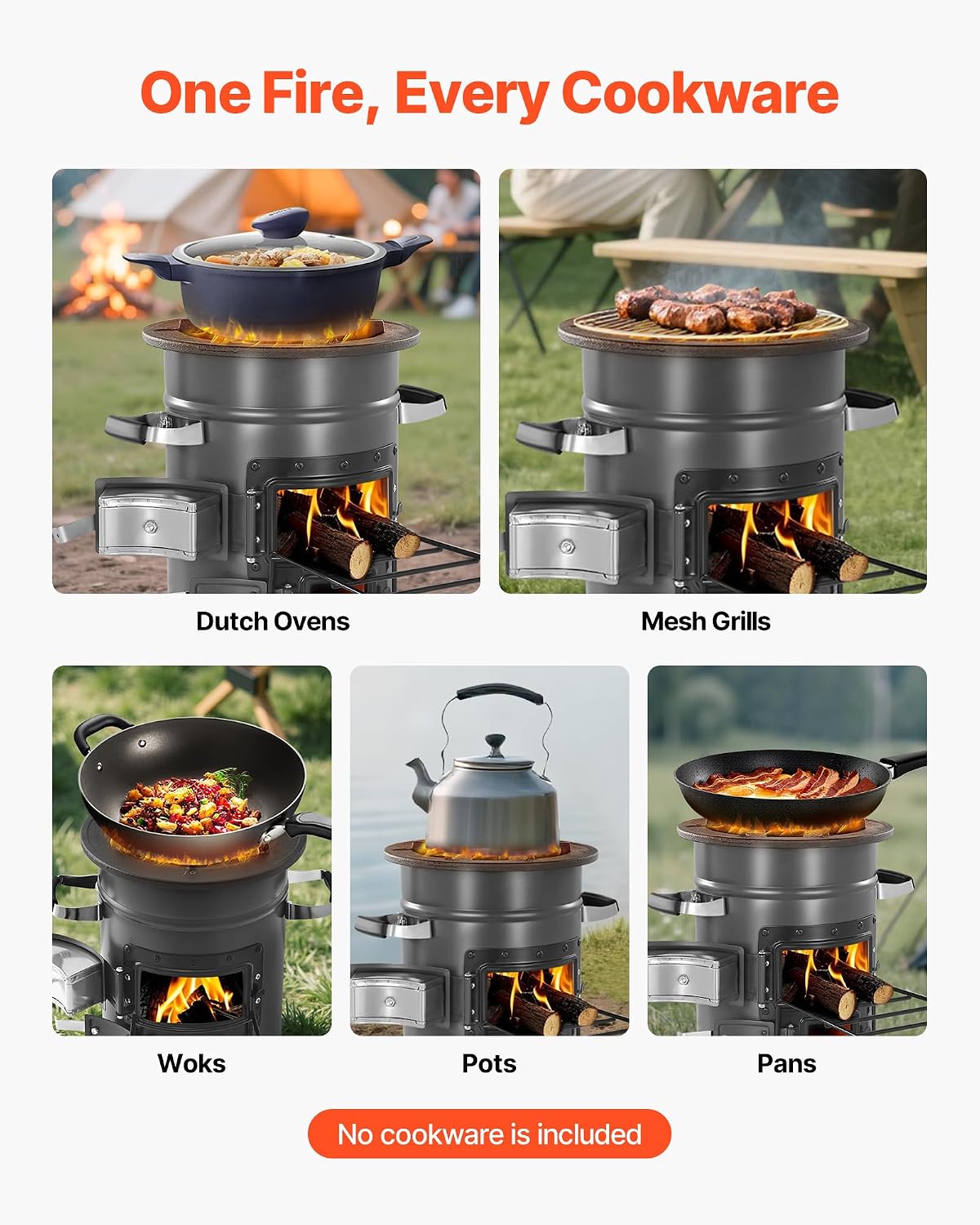 Camping Rocket Stove, Wood Burning Portable Rocket Stove with Carrying Bag for Backpacking, SPCC Steel, Double Door
