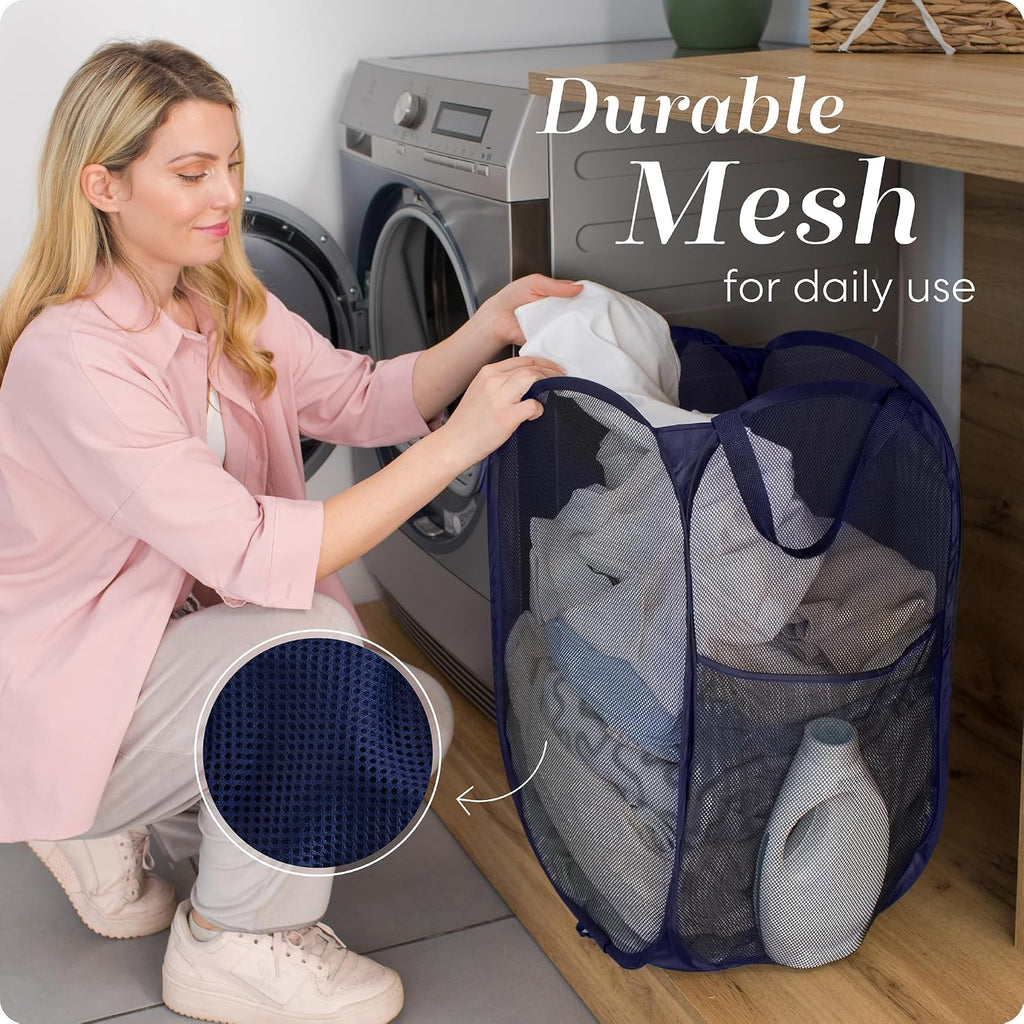 Collapsible Mesh Foldable Hamper 14" x 14' x 24" Navy Blue | Collapsible Mesh Pop Up Hamper, Wide Opening, Side