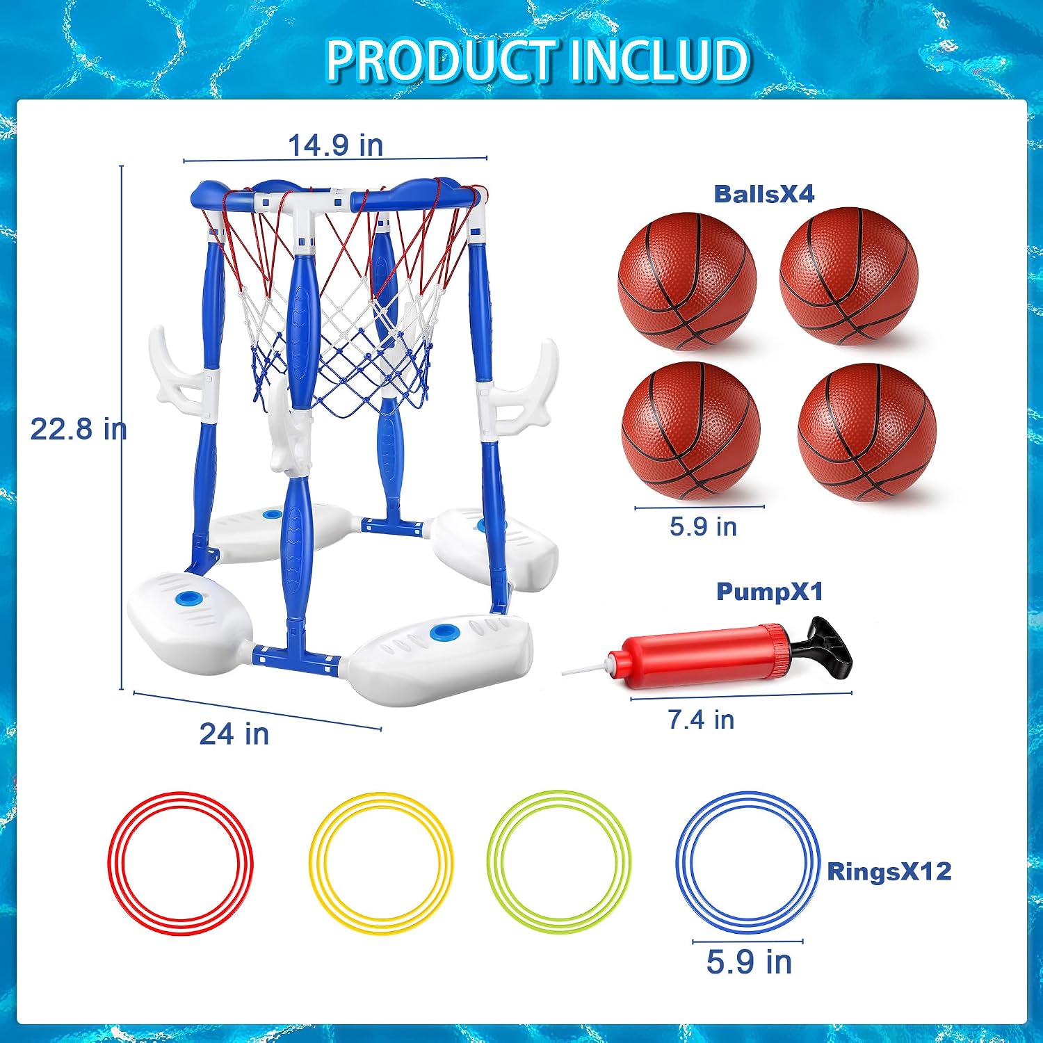 Pool Basketball Hoop, 2-in-1 Floating Basketball Hoop & Ring Games with 4 Balls 12 Rings and Pump, Outdoor Family