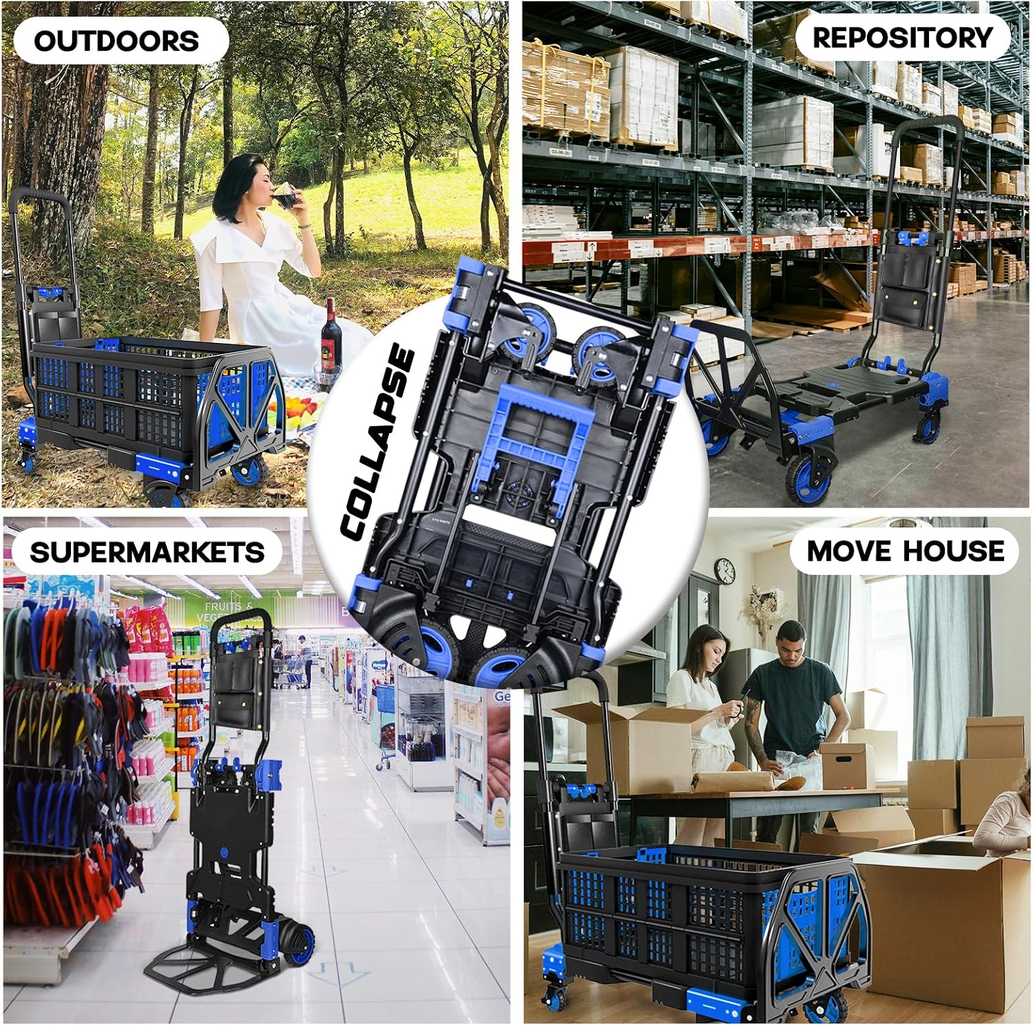Folding Hand Truck, 2 in 1 Portable Heavy Duty Carrying Moving Dolly Cart with 4 Foldable Wheels and Retractable