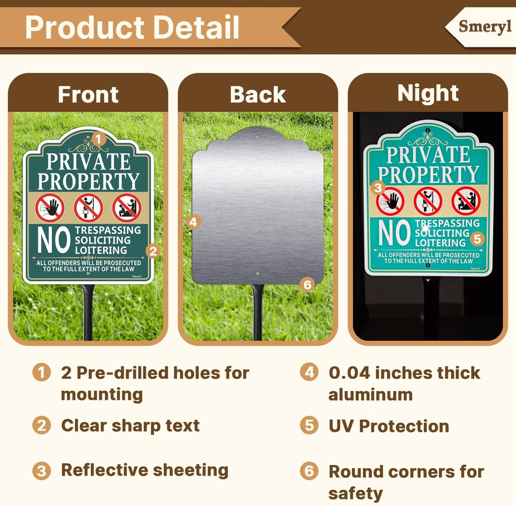 Private Property No Trespassing Soliciting Loitering Sign for Yard | 12" x 10" No Soliciting Yard Sign With 34.6"