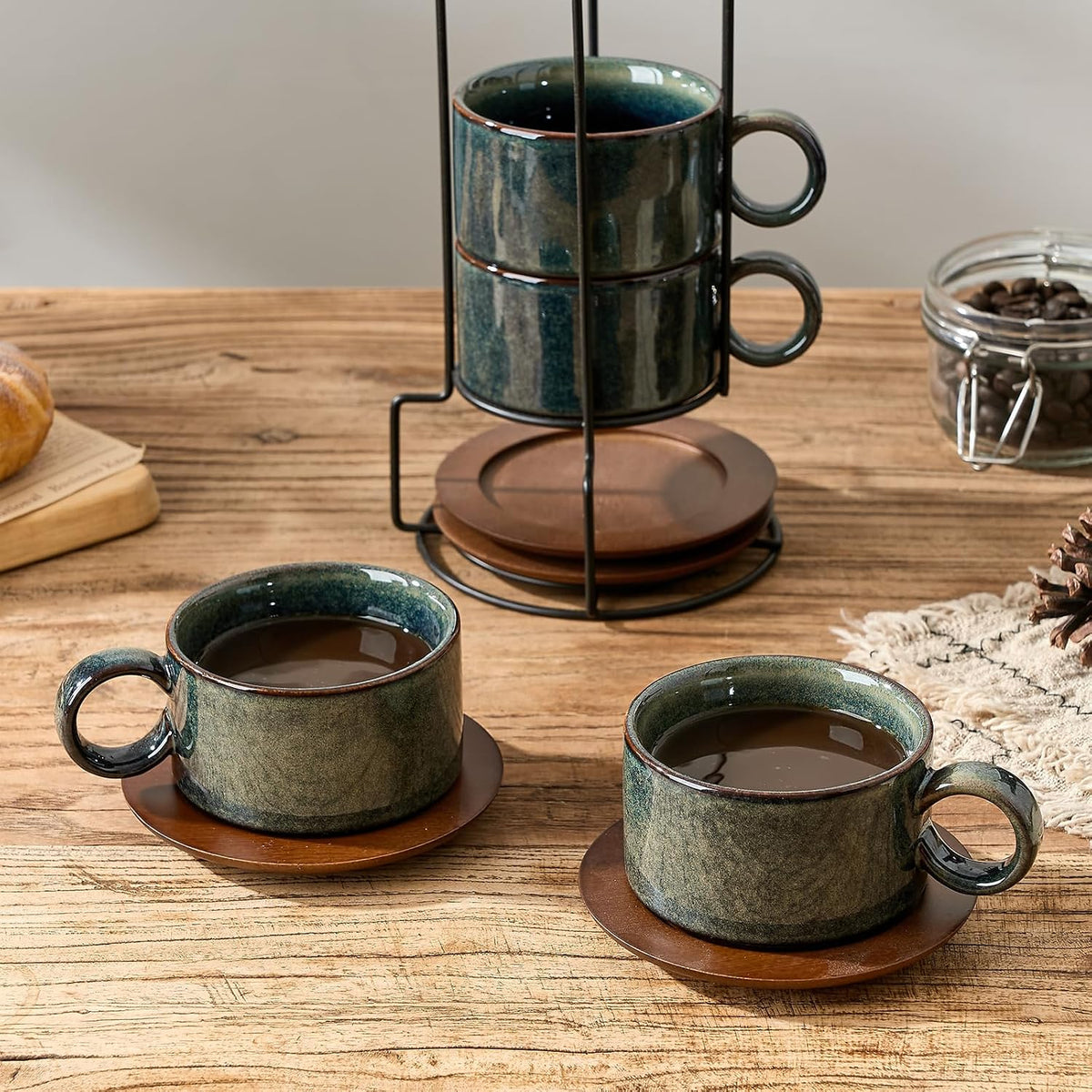 6 Ounce Porcelain Stackable Espresso Cups with Saucers and Metal Stand Set of 4, Ceramic Cappuccino Cups Set for