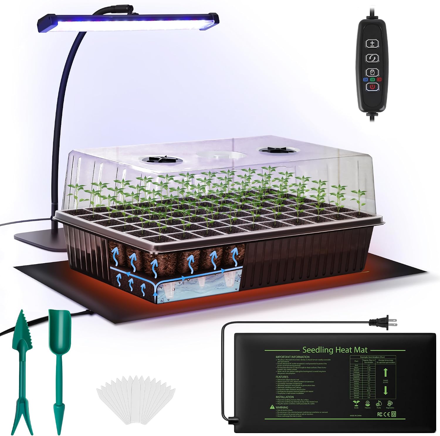 Seed Starter Kit, 60-Cell Tray with Grow Light and Heat Mat | Self-watering seedling tray with humidity dome, indoor