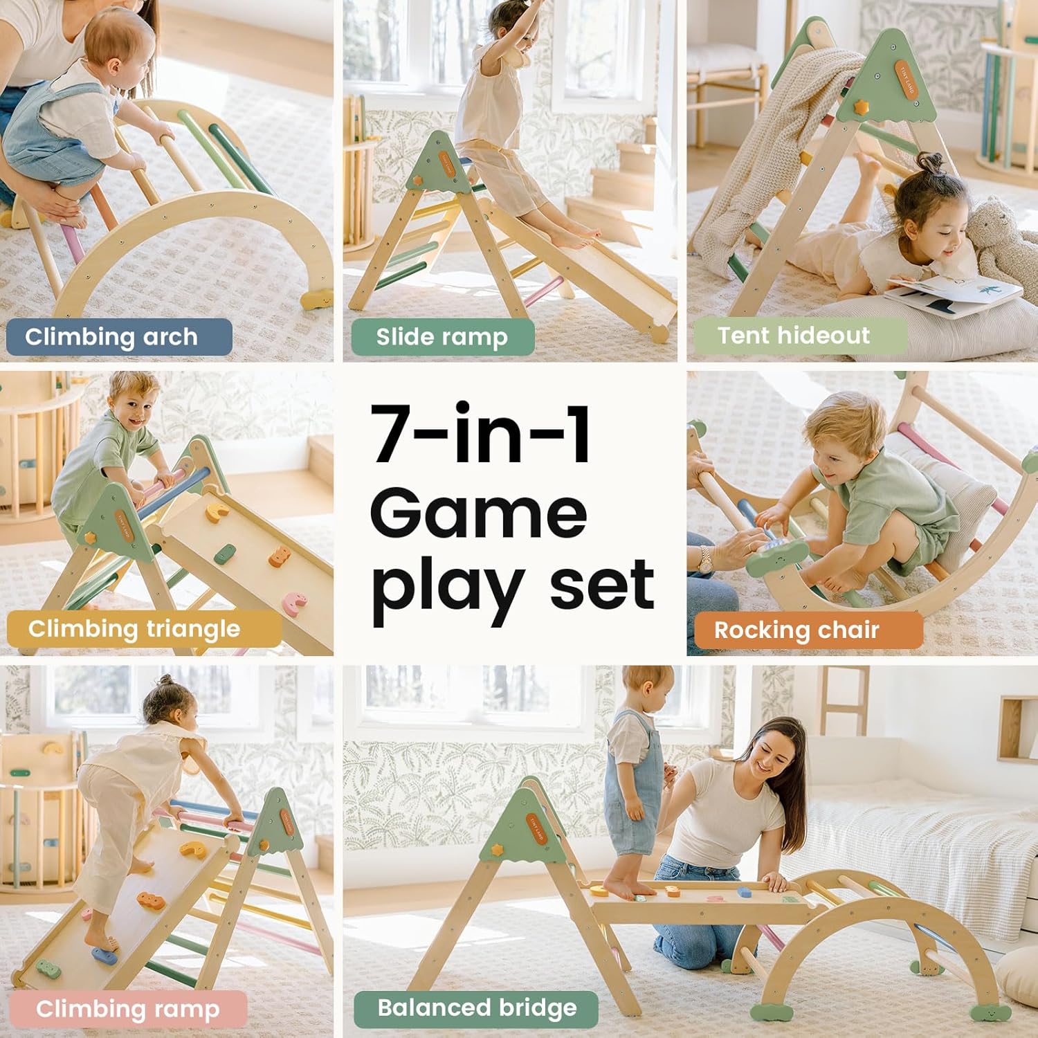 Pikler Triangle Set,7-in-1 Foldable Montessori Toddler Climbing Toys Indoor, Wooden Playground Jungle Gym for Kids