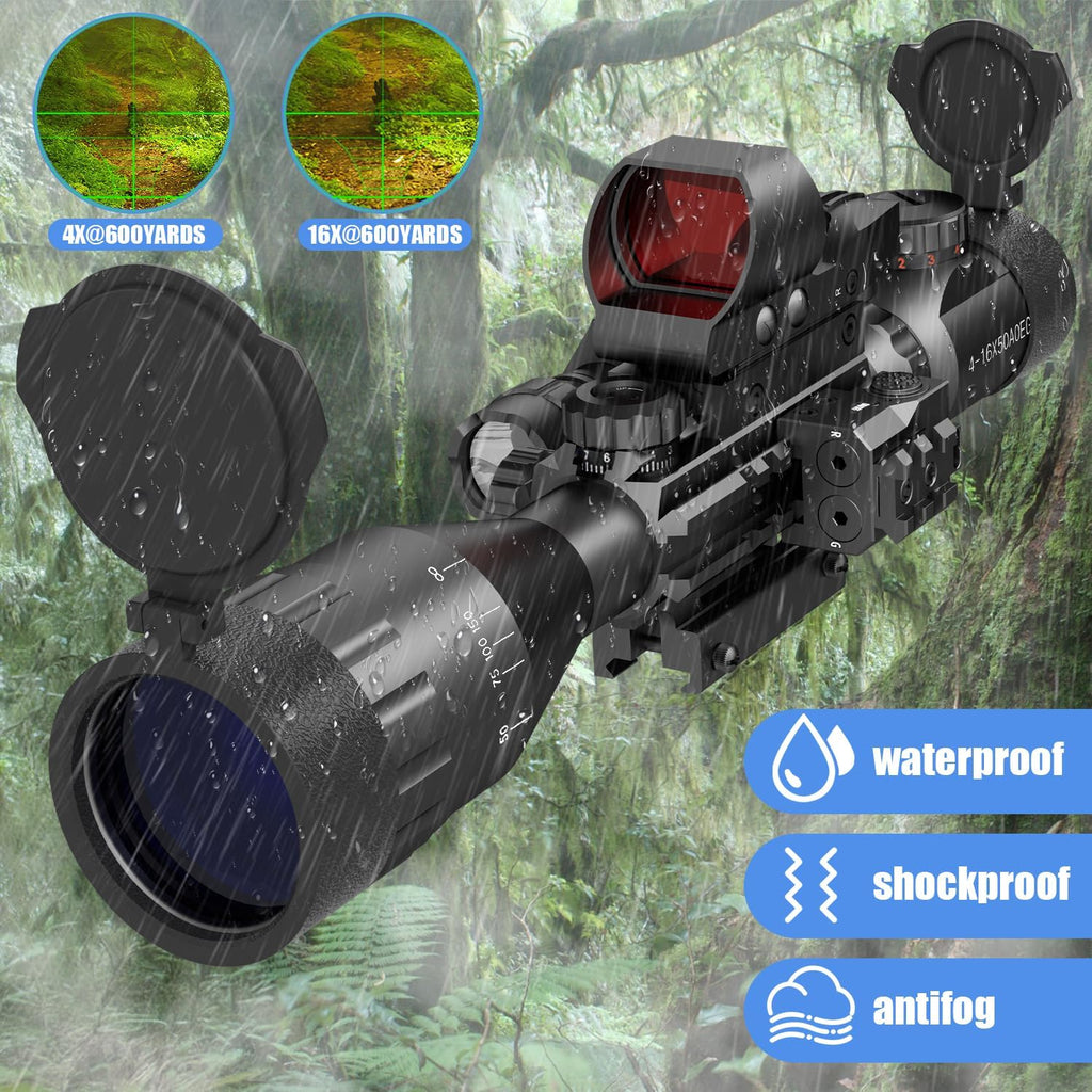 4-16x50 AO Tactical Rifle Scope Hunting Red/Green Dual Illuminated with Red/Green Laser 4 Holographic Reticle Reflex