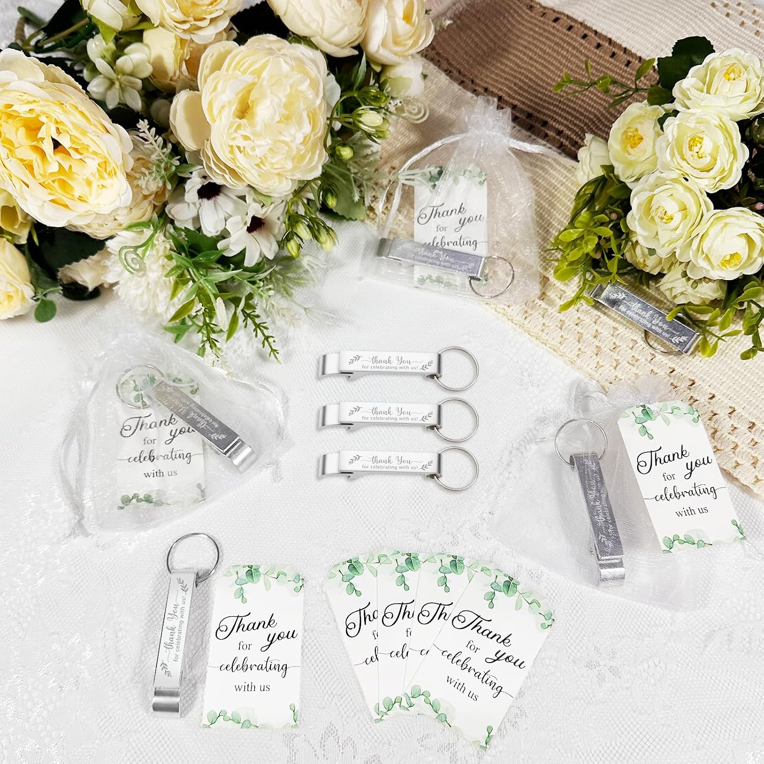 50 Sets Wedding Favors: Bottle Opener Keychains, Thank You Cards & Organza Bags for Guests