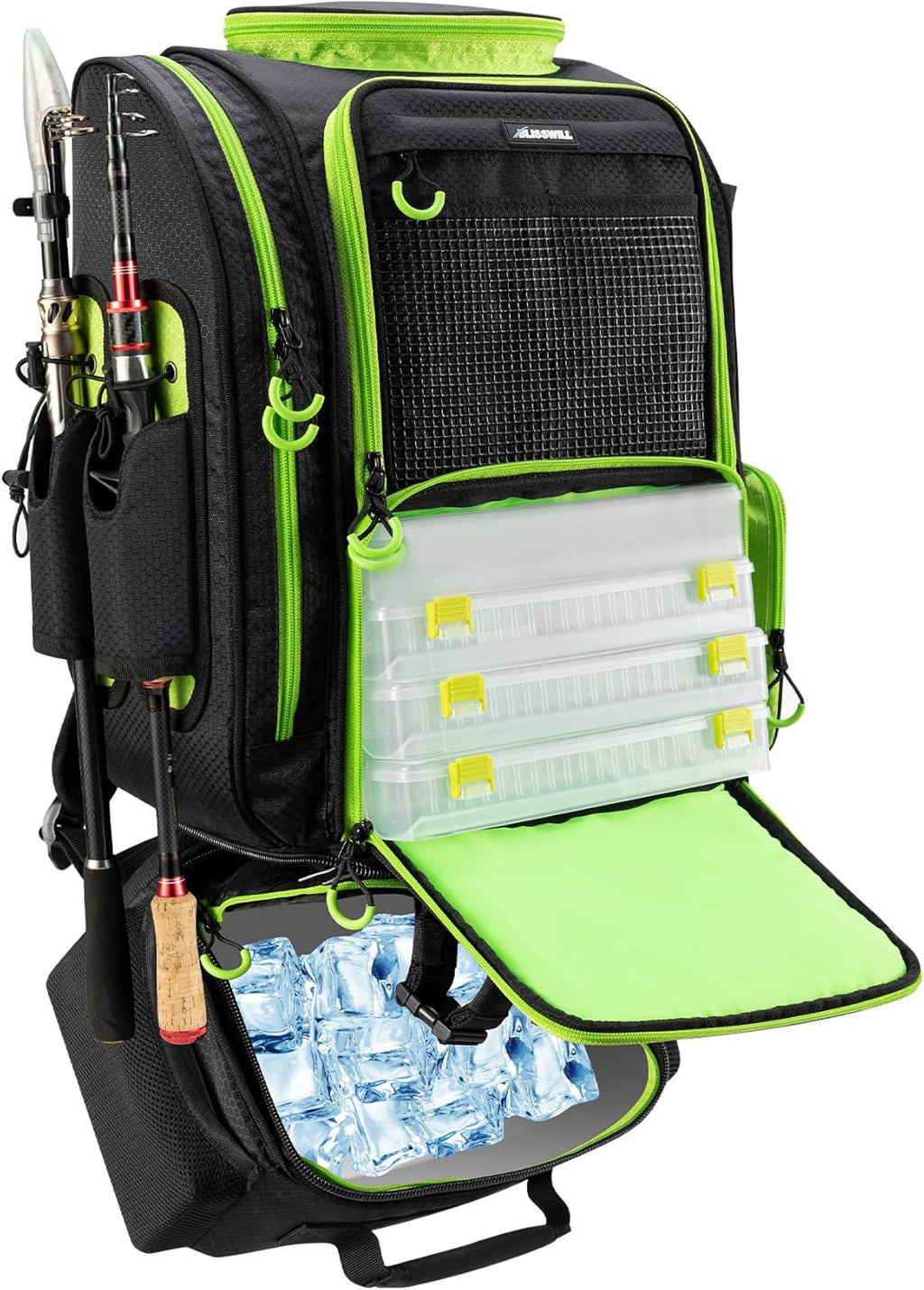 Large Fishing Backpack with Cooler for 3 Tackle Boxes - Fishing Bag with Rod Holders for Camping and Hiking