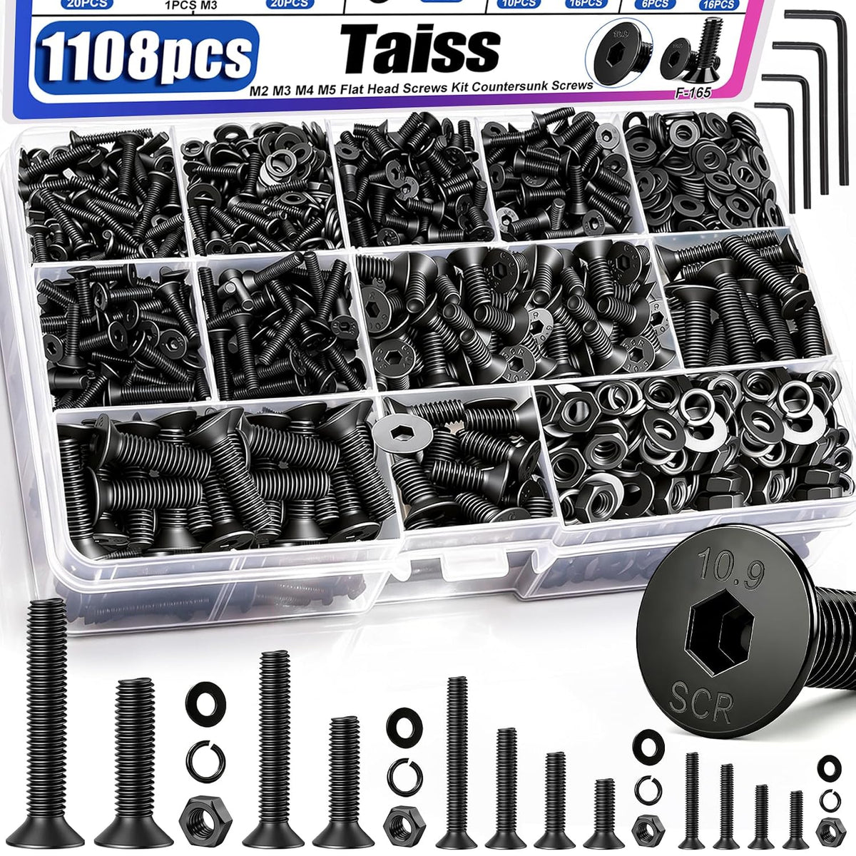 Taiss 1108PCS M2 M3 M4 M5 Screw Kit,Flat Head Metric Bolt Assortment