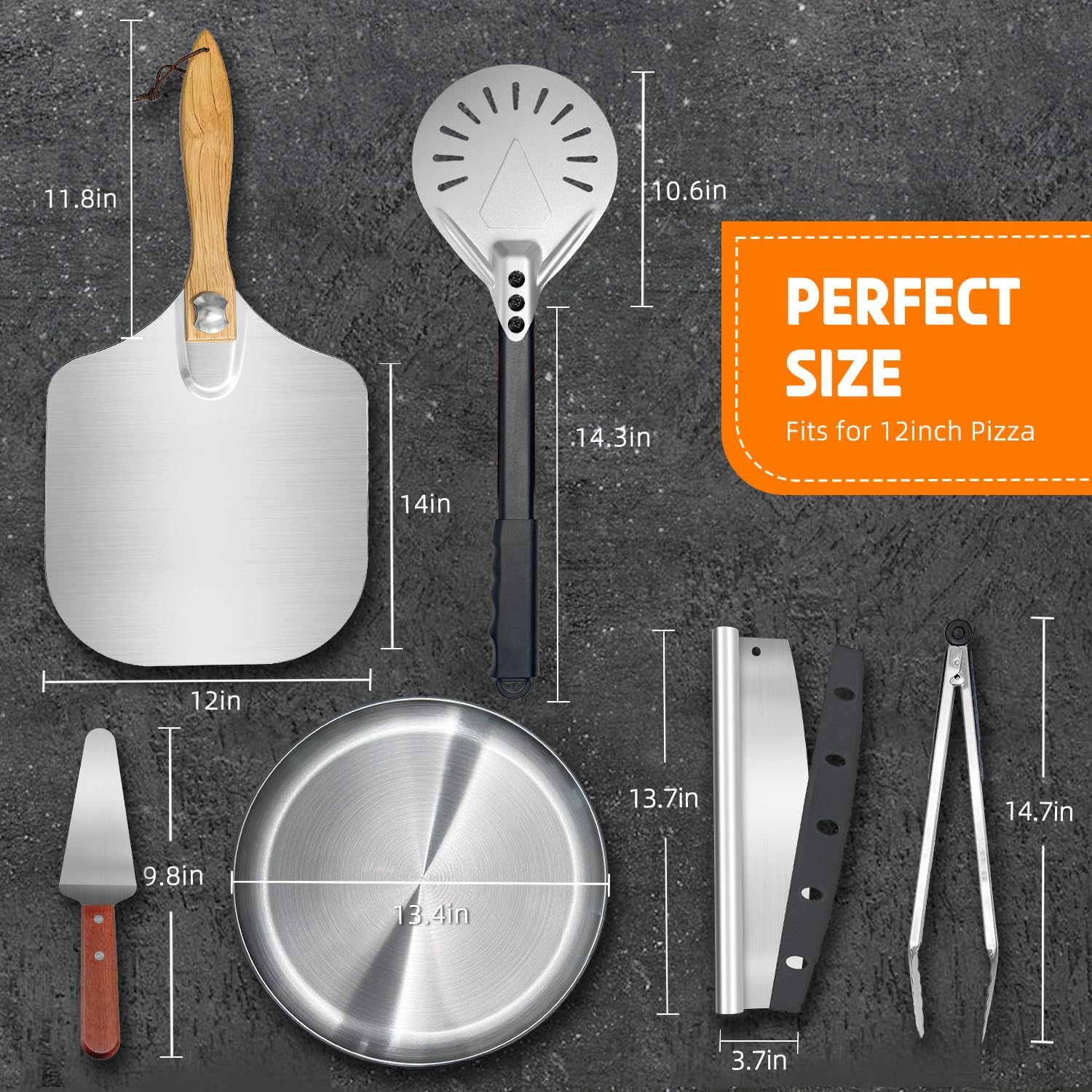 Pizza Peel and Pan Set, 6 Piece Pizza Oven Accessories, 12 Inch Metal Pizza Paddle with Foldable Wooden Handle, 8