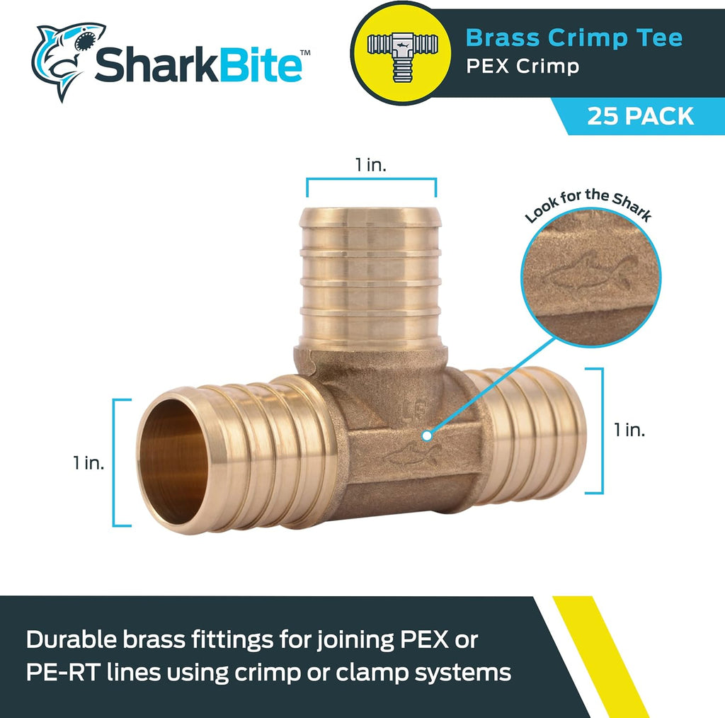 SharkBite 3/4 Inch Crimp Tee, Brass Plumbing Fitting, PEX Pipe, PE-RT, UC370LFA