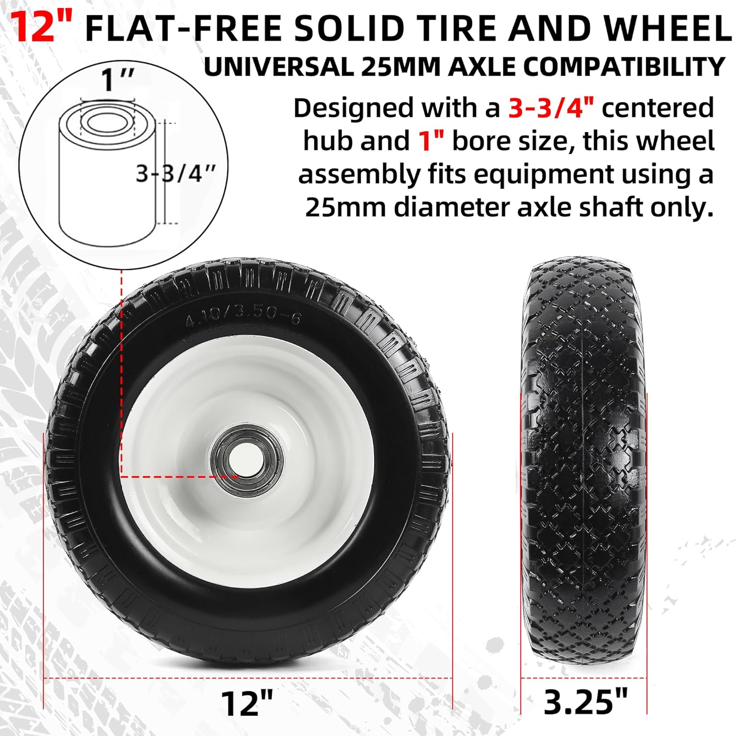 (2-Pack) 12" Flat-Free Solid Tire and Wheel, with 3-3/4" Centered Hub & 1" Bore, Fits 25mm Axle Shaft, Replacement