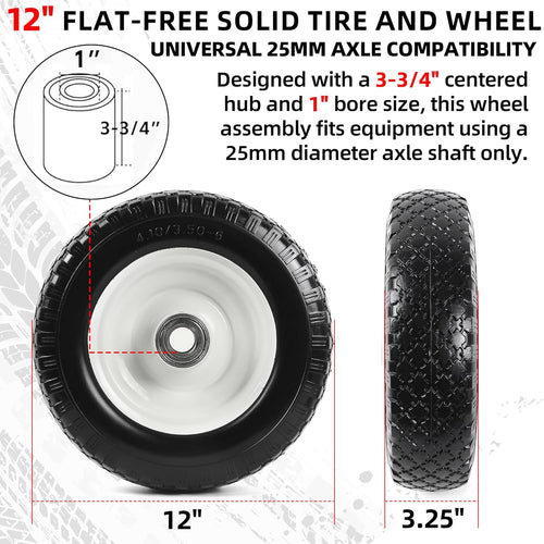 (2-Pack) 12" Flat-Free Solid Tire and Wheel, with 3-3/4" Centered Hub & 1" Bore, Fits 25mm Axle Shaft, Replacement