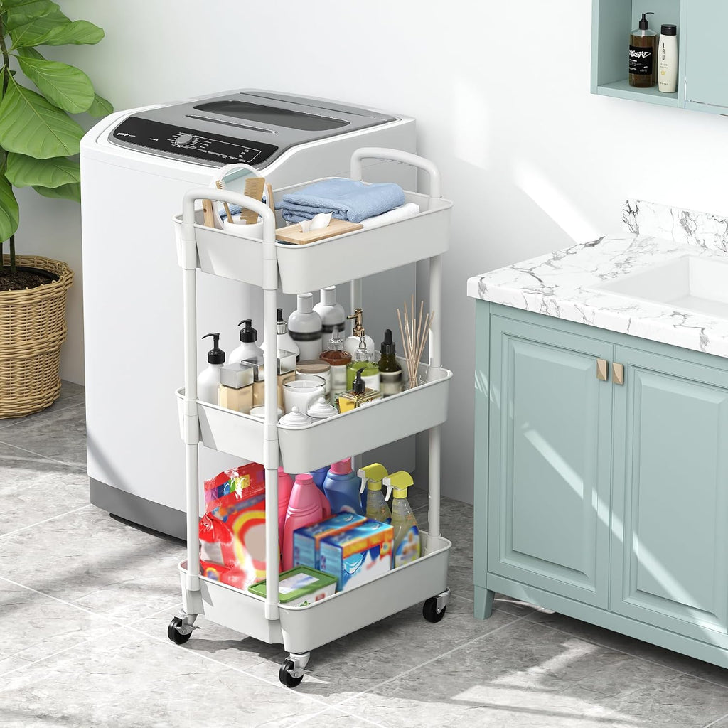 3-Tier Plastic Rolling Utility Cart with Wheels for Storage,White
