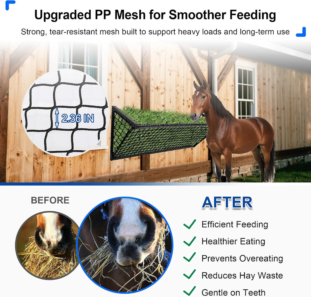 Upgraded Hay Feeder for Goats with Net, 63Inch Long Wall Hay Rack with 50Gallon Large Capacity, Blanket Hay Holder
