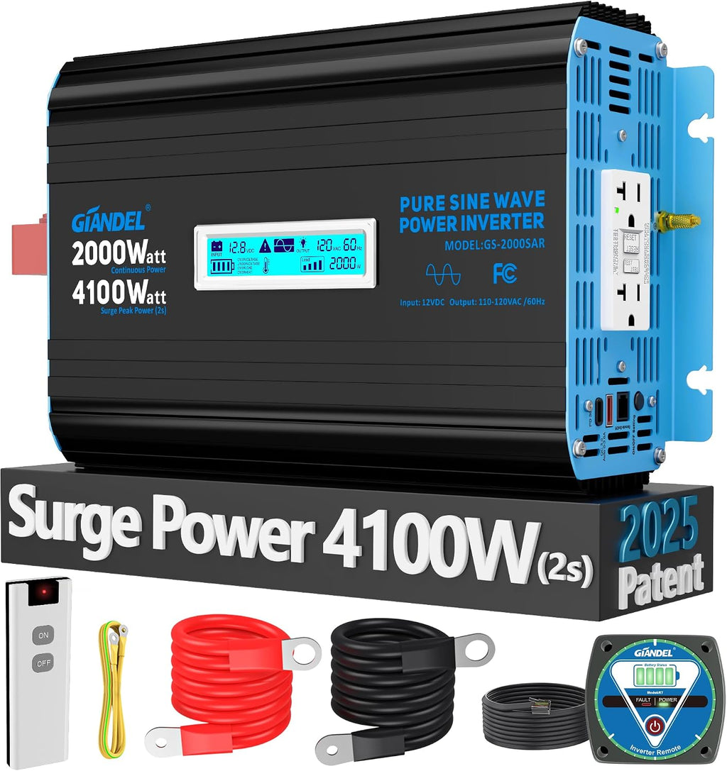 2000 Watt Pure Sine Wave Power Inverter 12V DC to 120V AC,4100W Surge Peak Power,UL Listed GFCI Outlets,FCC
