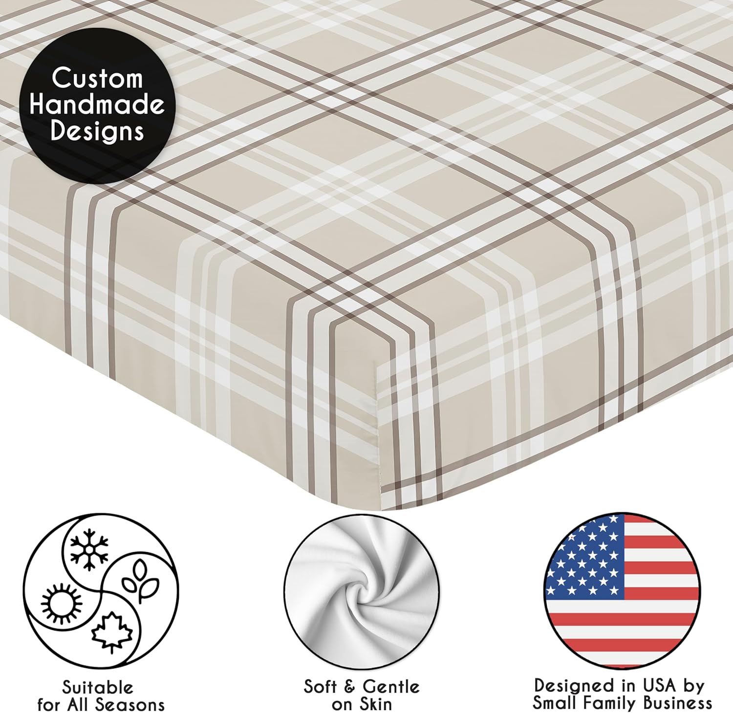 Fitted Baby Crib Sheets (Tan Gingham Plaid) for Boys or Girls, Infant Nursery, Toddler Room - Standard Size (Taupe