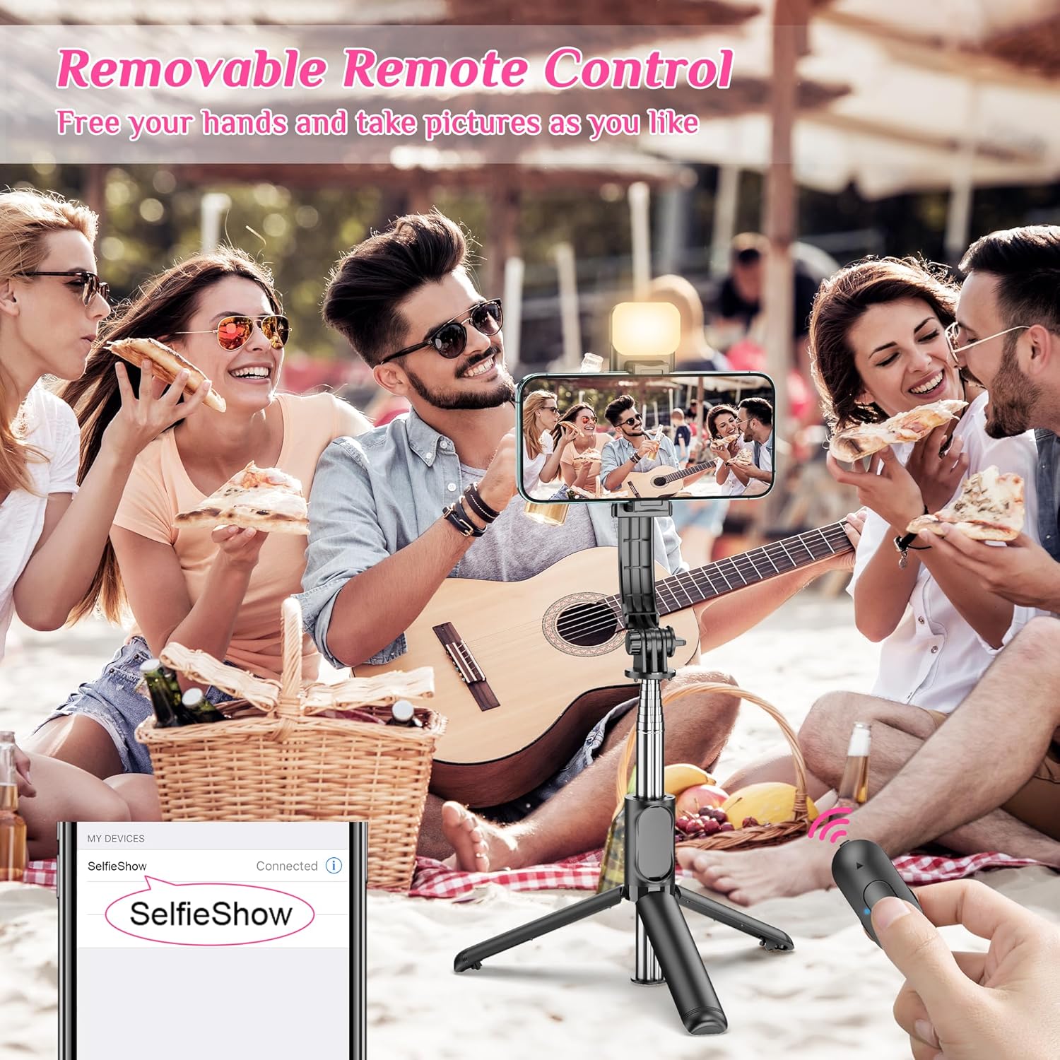 Selfie Stick Tripod with Fill Light, All in One Extendable Selfie Stick with Detachable Wireless Remote, Flexible