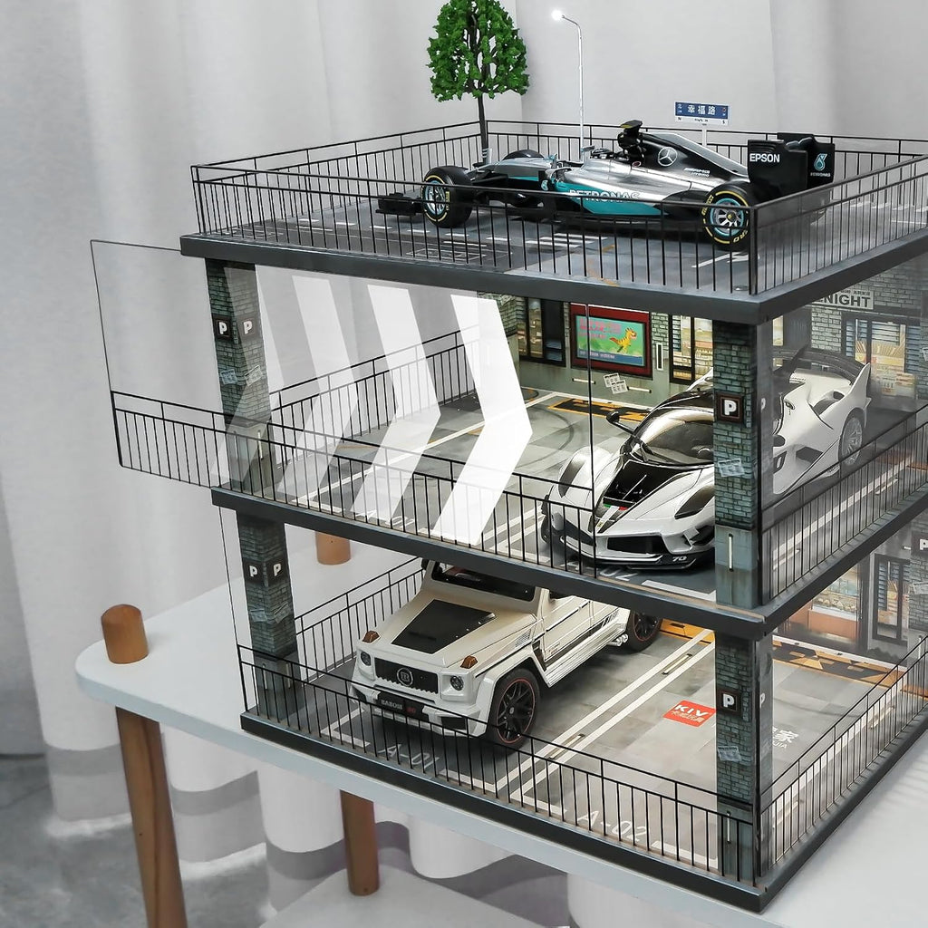 1:18 Scale Diecast Model Car Display Case Cabinet with USB Lights and Dust Cover,Diorama Garage Parking for Alloy