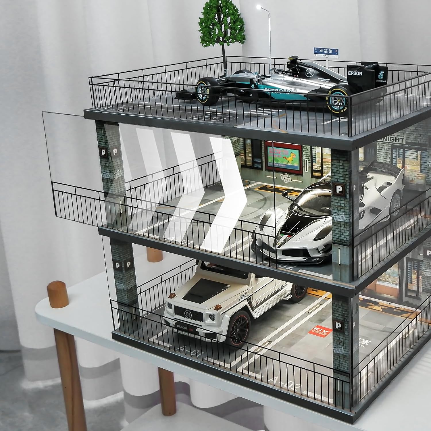 1:18 Scale Diecast Model Car Display Case Cabinet with USB Lights and Dust Cover,Diorama Garage Parking for Alloy