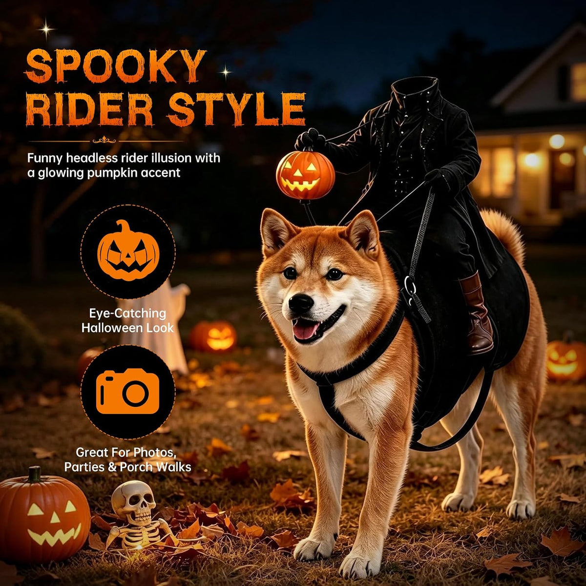 Light-Up Headless Horseman Pet Costume with Pumpkin Rider Harness, Small