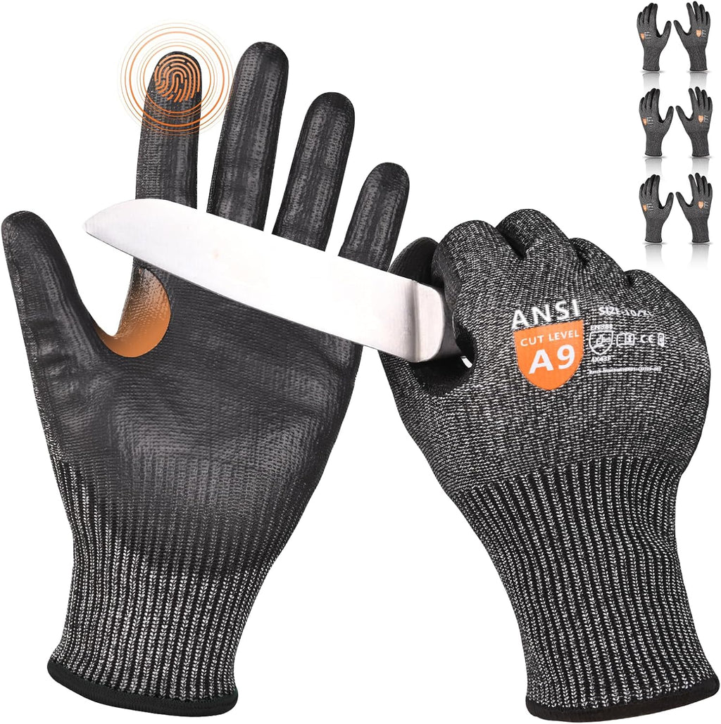 A9 Cut Resistant Work Gloves for Men, Safety Gloves for Men Touchscreen with Reinforced Thumb for Metal Glass Wood