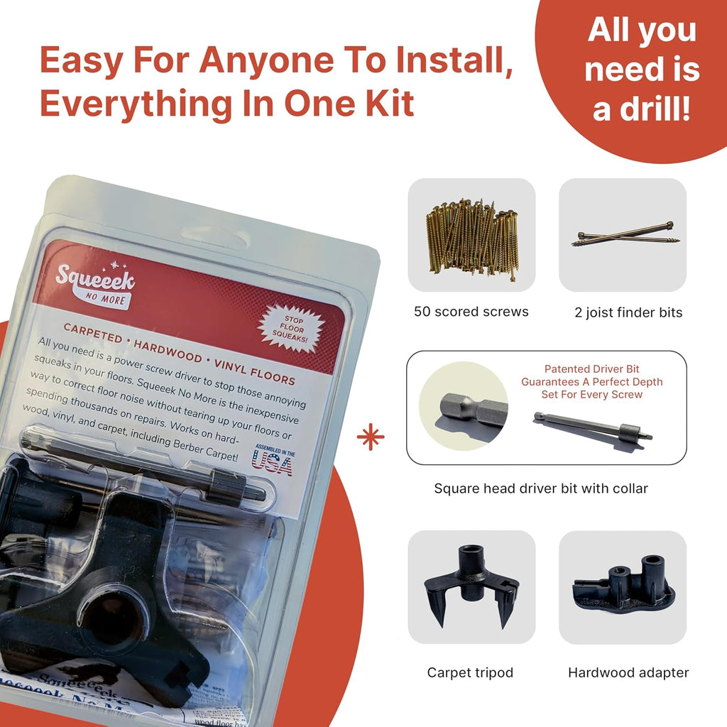 Squeaky Floor Repair Kit for Hardwood, Carpet, Vinyl & Linoleum – Complete Floor Squeak Repair Kit Includes Joist