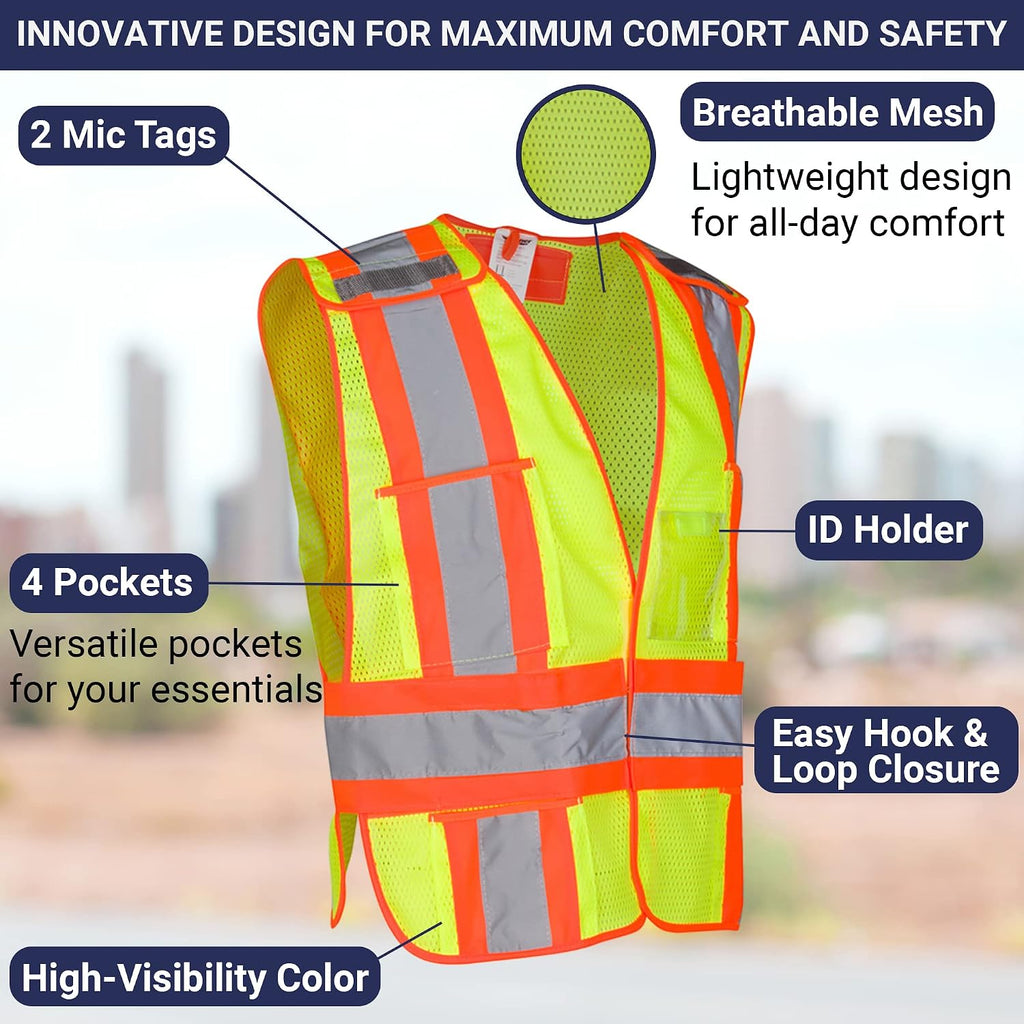High Visibility Safety Vest – ANSI Class 2 Breakaway Vest with 5 Pockets, Yellow with Adjustable Hook and Loop