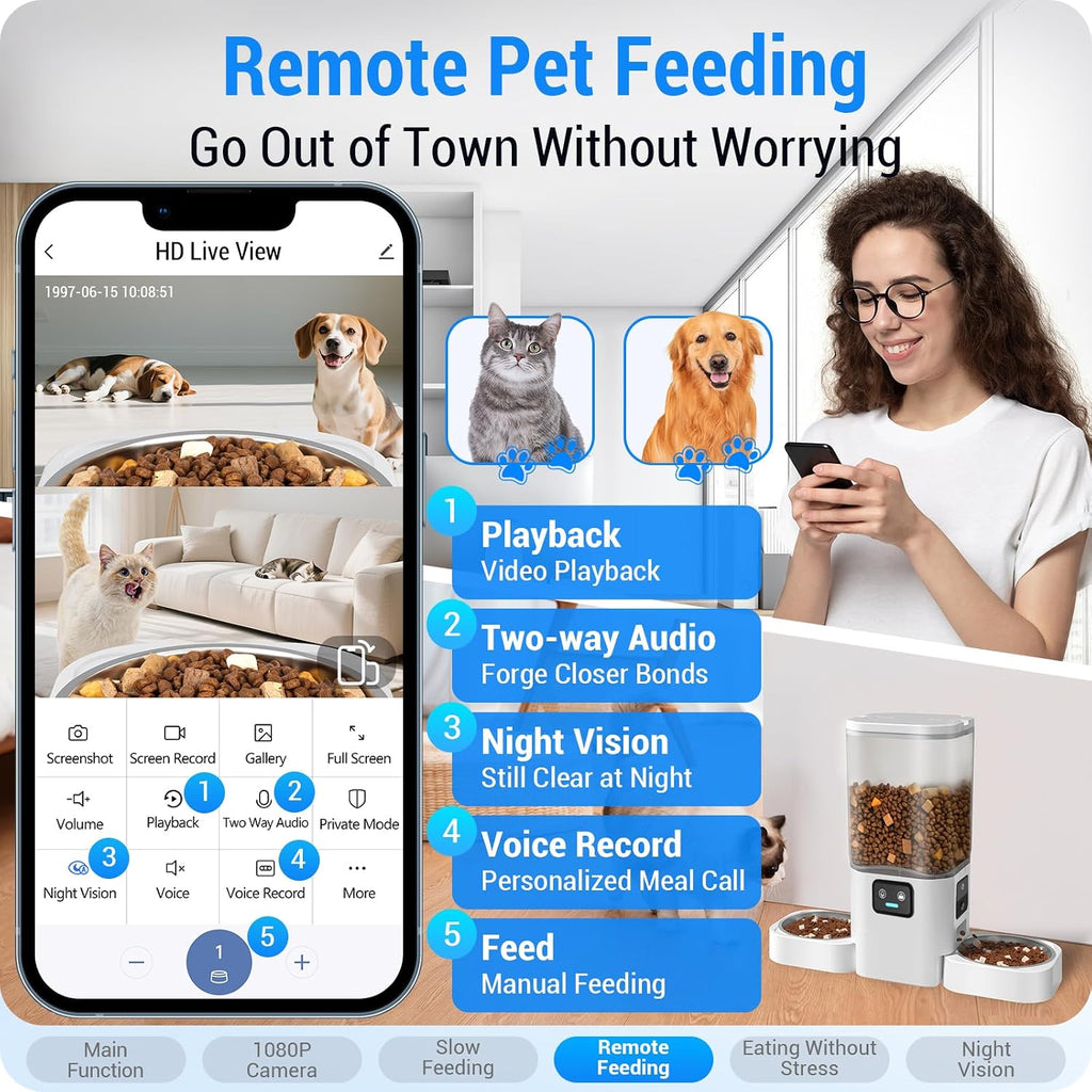 Automatic Cat Feeder with Two 1080P Camera for 2 Cats: 7L Automatic Dog Feeder with Night Vision & Slow Feed, 5G WiFi