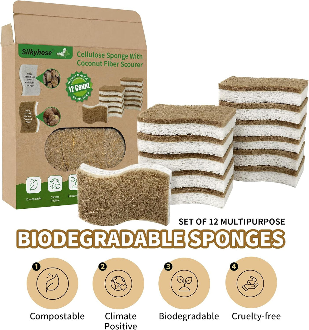 12 Pack Natural Kitchen Sponges, Cellulose Coconut & Non-Scratch