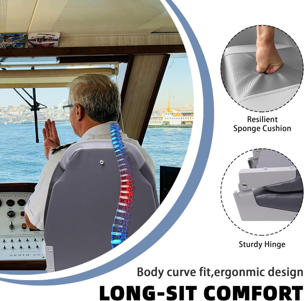High Back Boat Seats Folding Fishing Boat Chair, Gray&Black | Marine Boat Captain Chairs With Thick Cushion, Aluminum