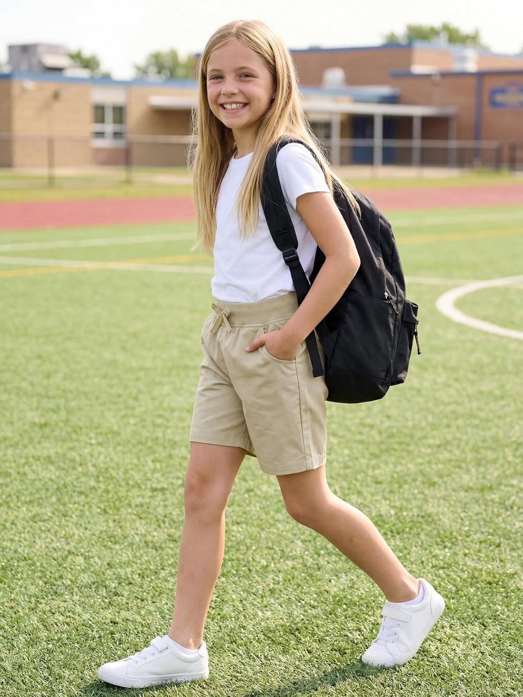 3 Pack Girls School Uniform Bermuda Shorts Pull-on Chino Elastic Waist Summer Soft Play Shorts with Pockets 5-13Y