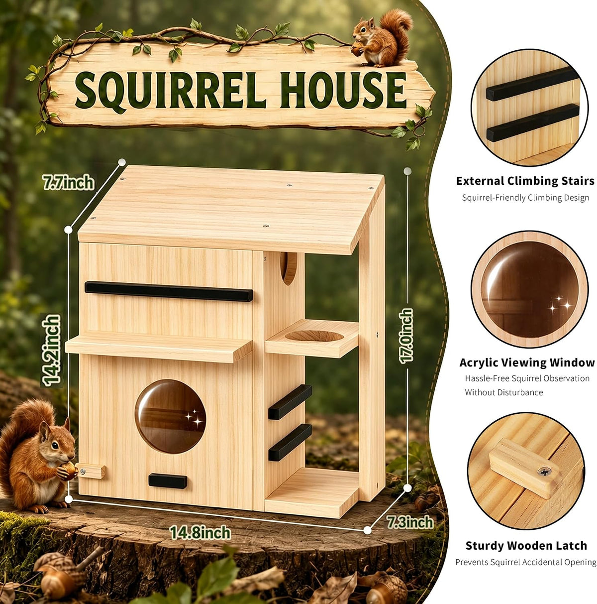 Large Wooden Squirrel House for Outside, Squirrel Nesting Box