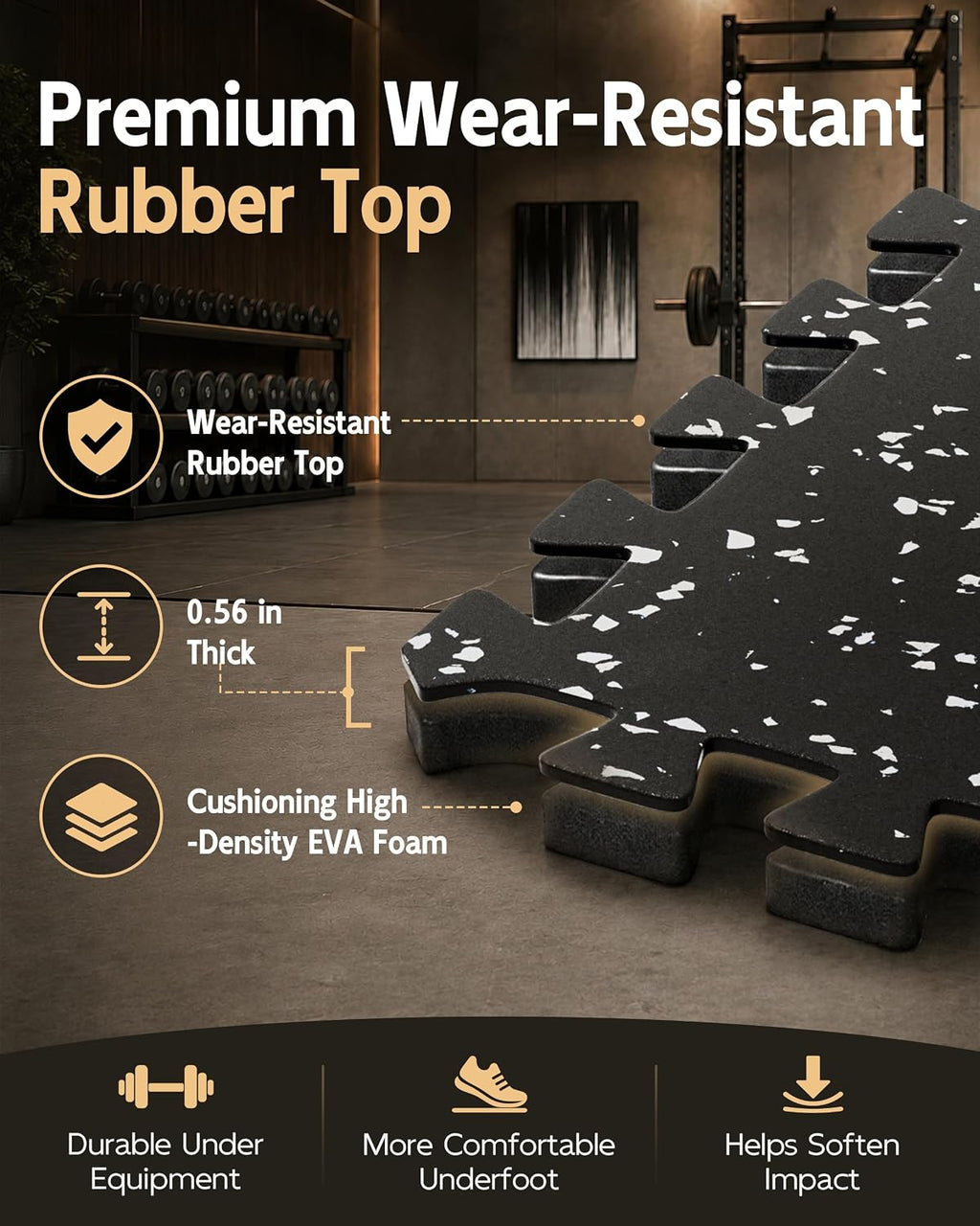 0.56" Thick Gym Flooring for Home Gym, Rubber Top