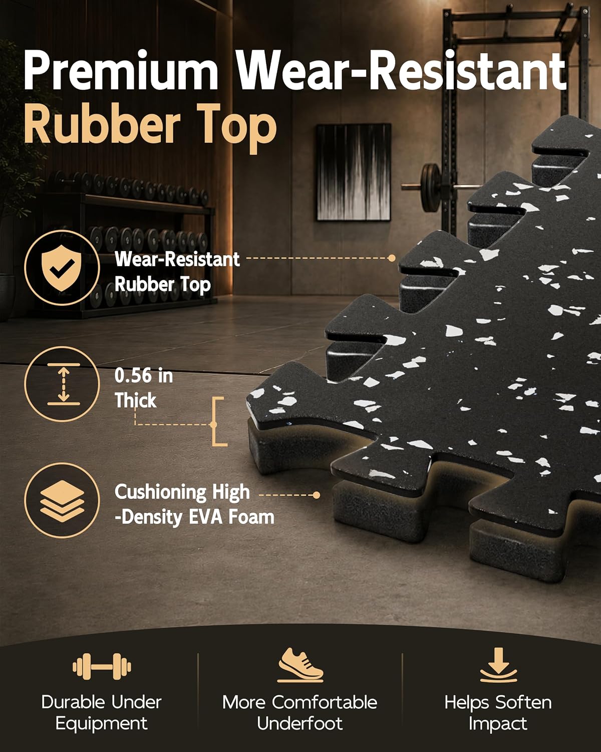 0.56" Thick Gym Flooring for Home Gym, Rubber Top