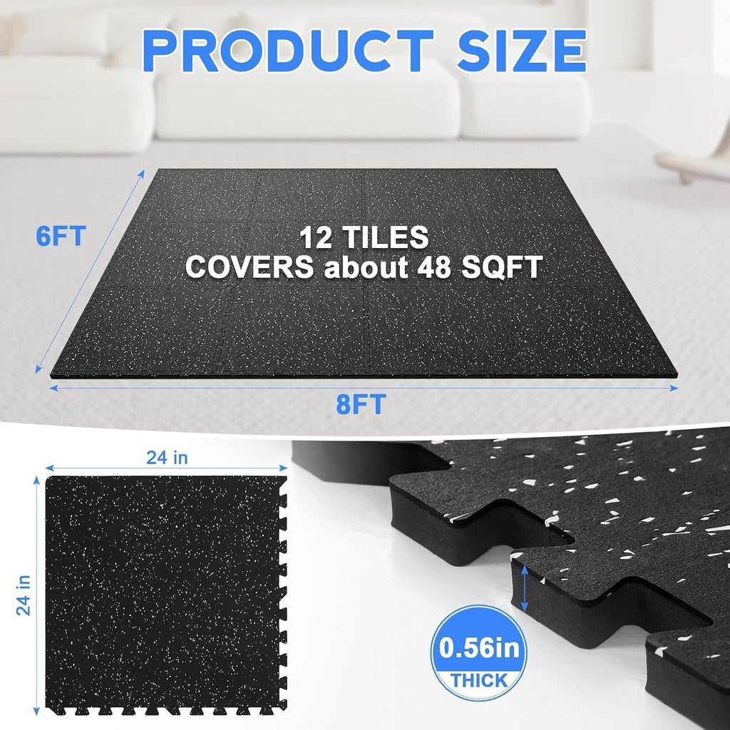 0.56" Thick Rubber Top 12 Tiles Gym Flooring for Home Gym Interlocking Foam