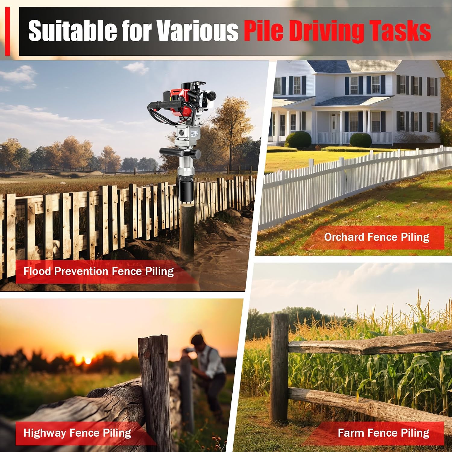 32.6CC 2 Stroke Gas Powered T-Post Driver, 900W Gas Powered Pile Driver Fence Post Driver Portable Petrol Piledriver