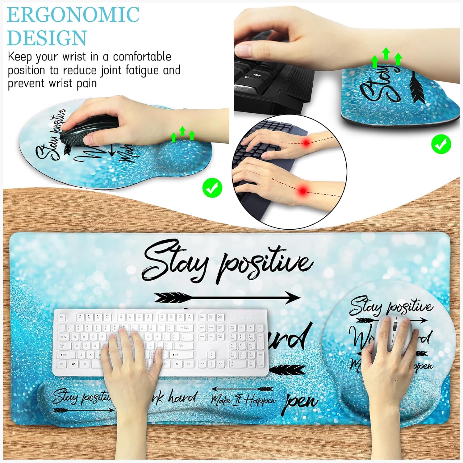 Desk Mat Pad Set, Large Mouse Pad with Wrist Rest, Stay Positive | Ergonomic Mouse Pad, Gaming Computer Keyboard Mat
