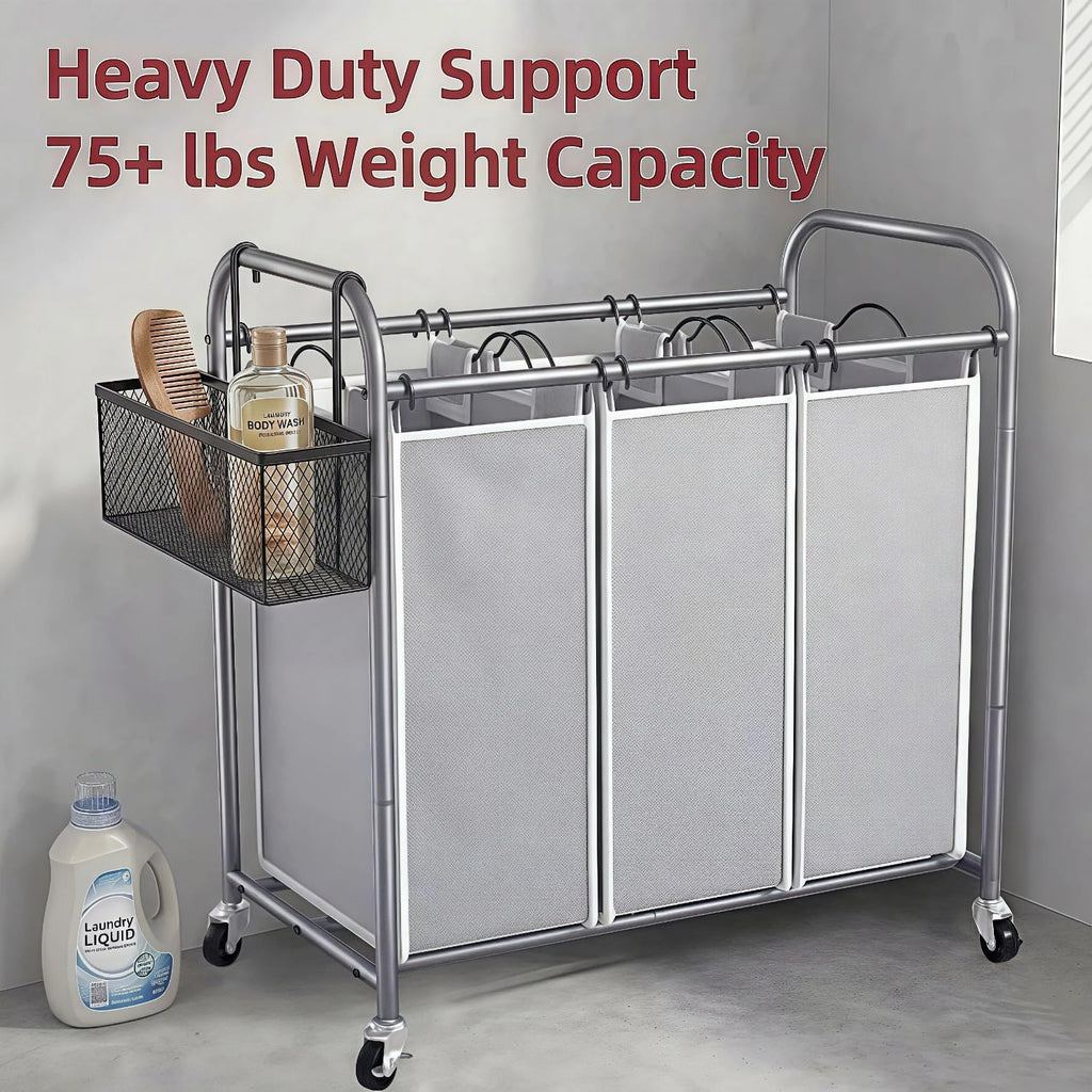 Laundry Sorter Hamper 3 Section, Divided Laundry Basket Organizer | Rolling Clothes Hamper with Heavy Duty Lockable
