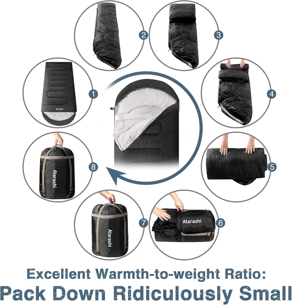 Camping Sleeping Bag- 4 Seasons for Adults, Light, Warm, Extra-Large with Compression Sack- Great for Hiking