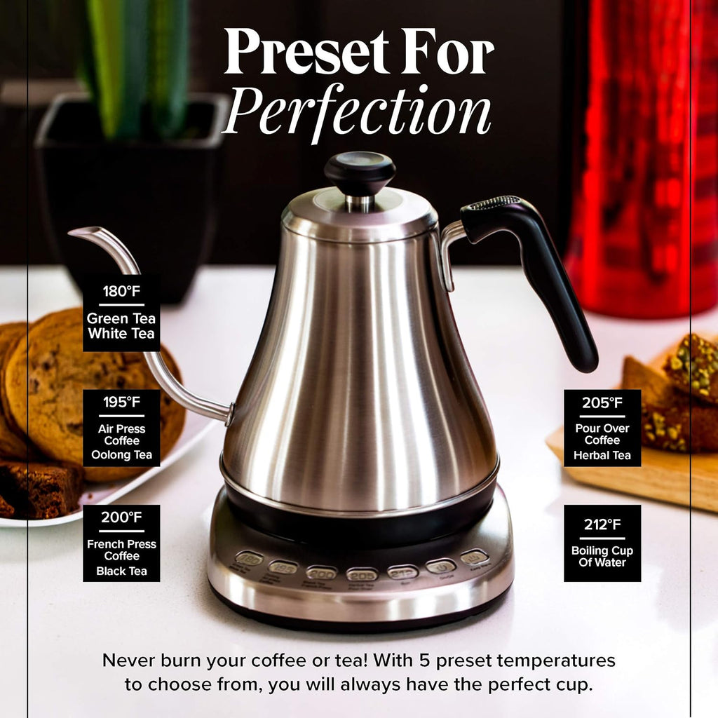 Gooseneck Electric Kettle with Temperature Control - 0.8L Stainless Steel & BPA Free Plastic - Custom Temp Presets