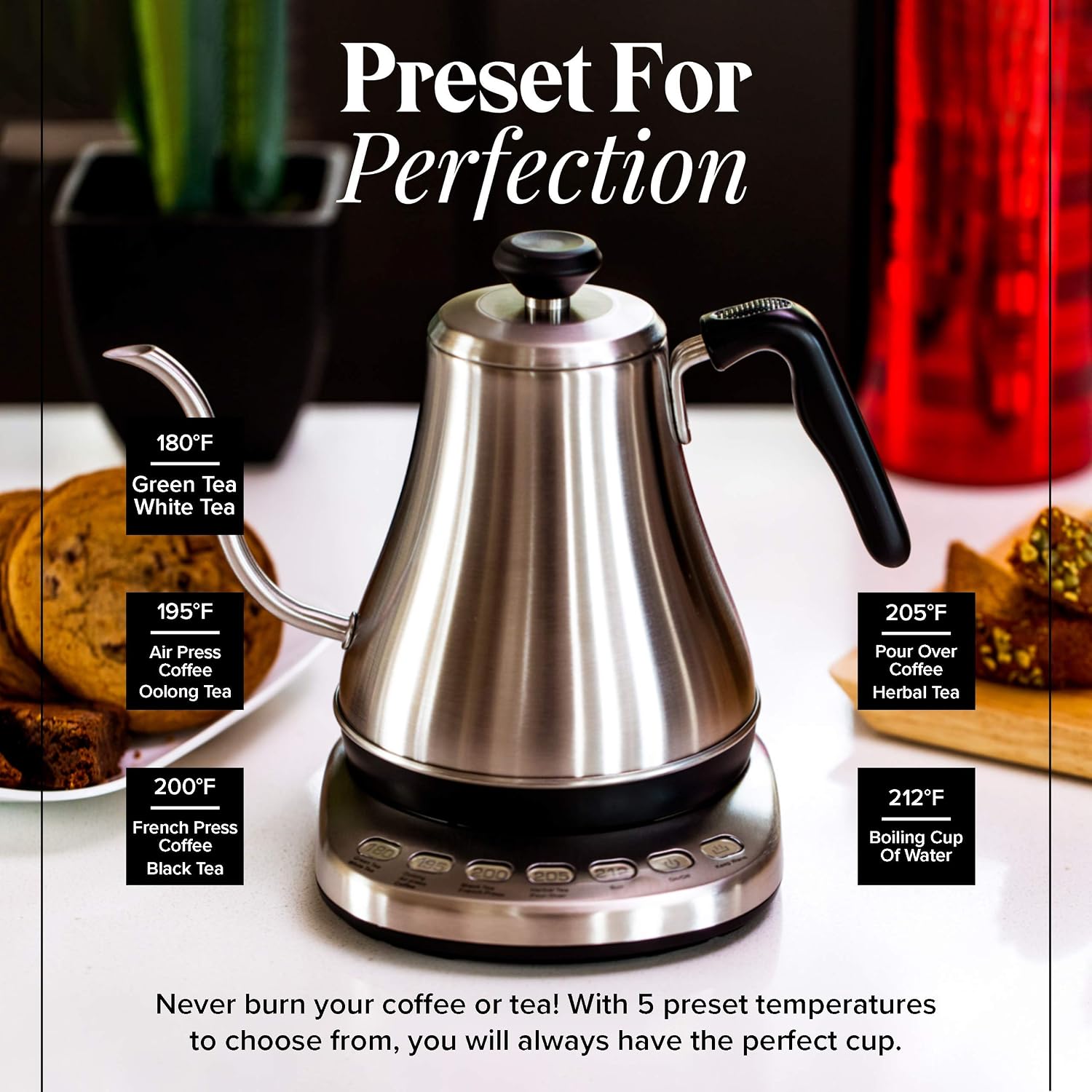Gooseneck Electric Kettle with Temperature Control - 0.8L Stainless Steel & BPA Free Plastic - Custom Temp Presets